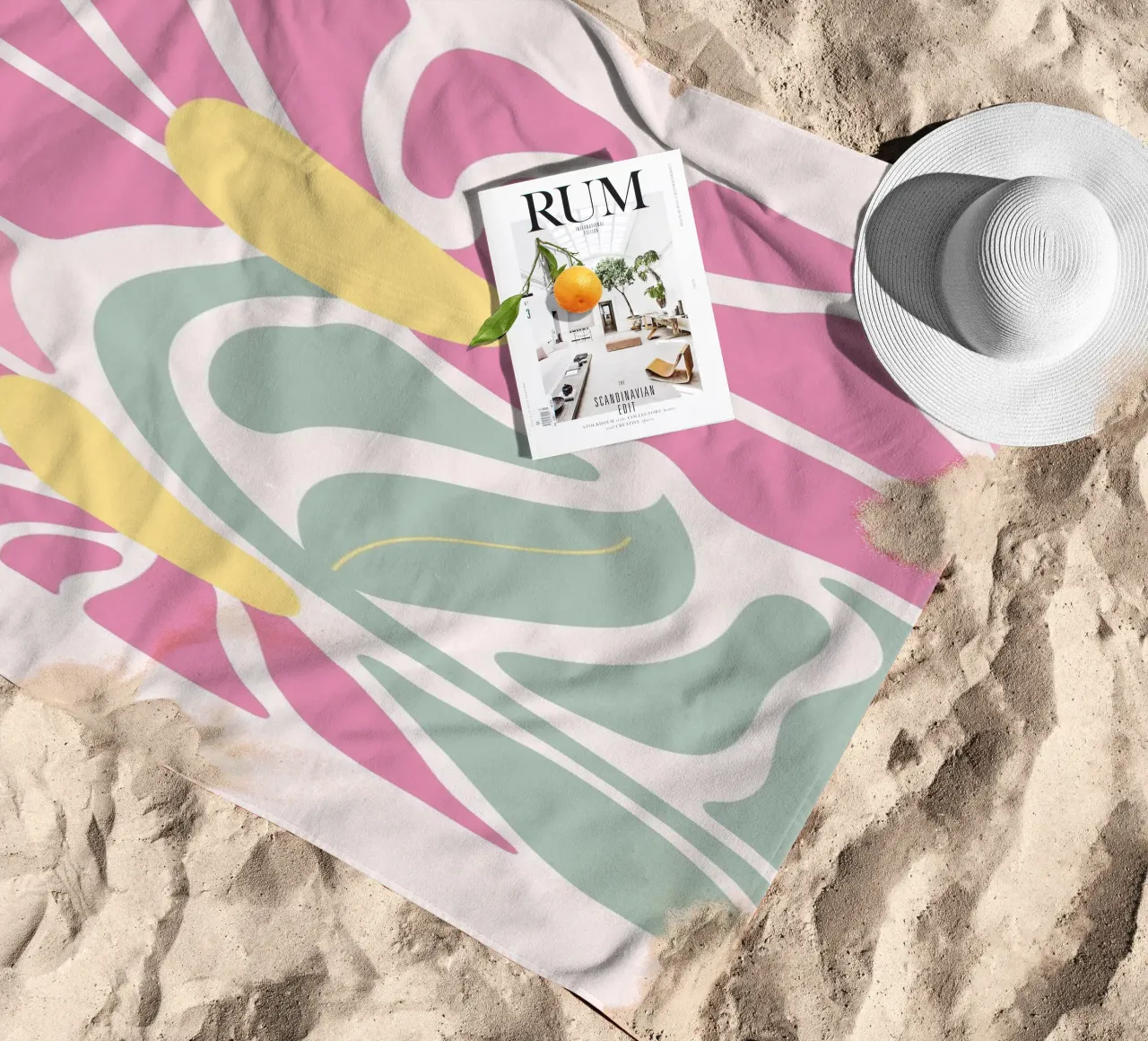 Retro Pink & Green Floral - Abstract Botanical Wall Art beach towel by ClubArt