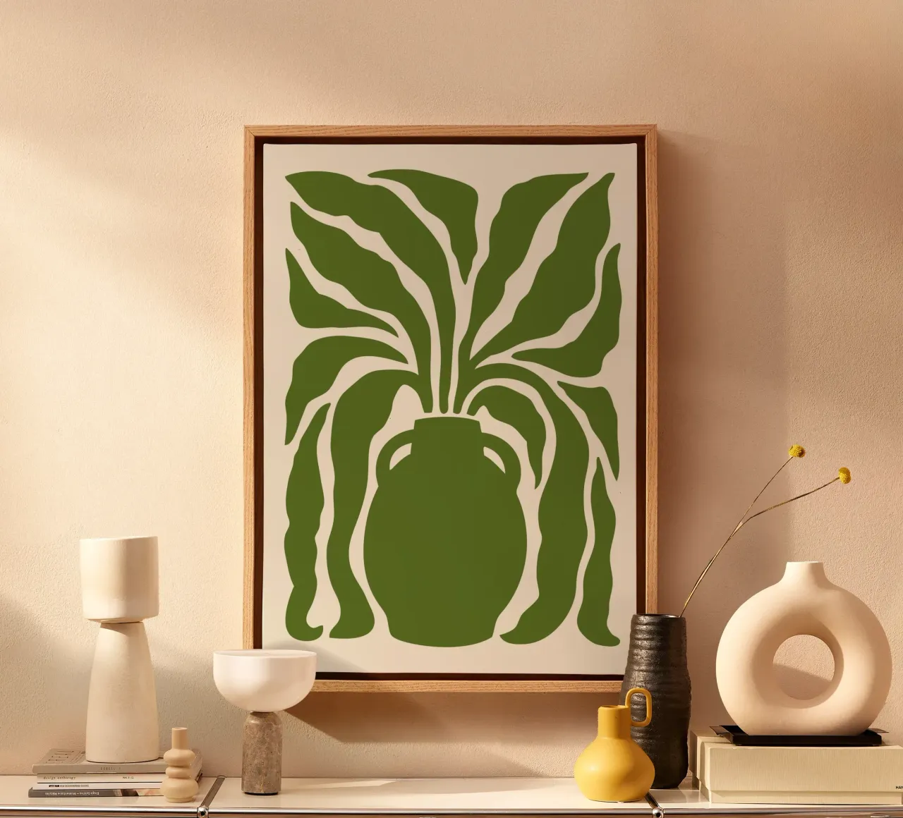 Olijfgroene abstracte vaas - Modern organisch stilleven canvas met Baklijst van ClubArt