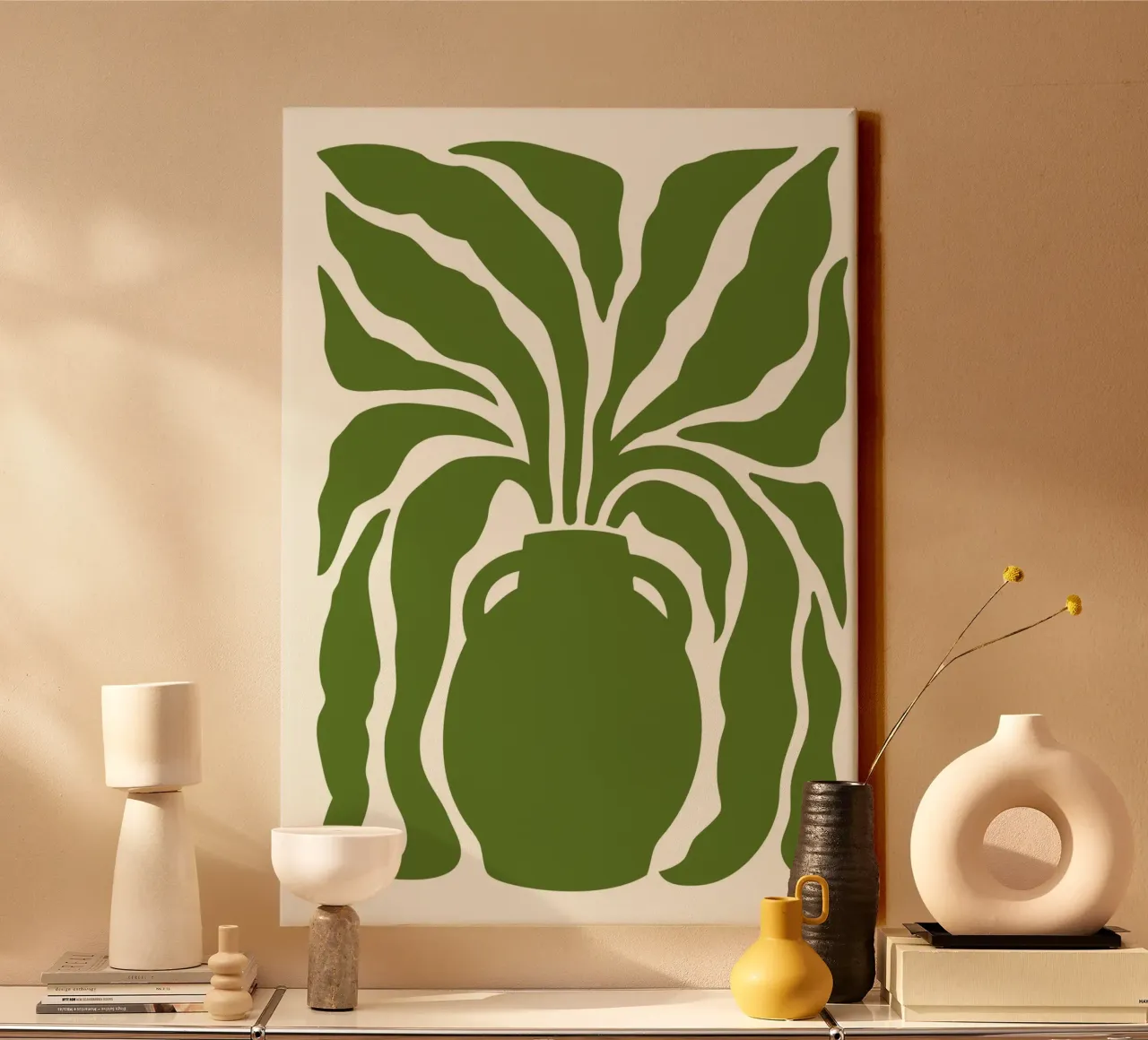 Olijfgroene abstracte vaas - Modern organisch stilleven canvas met Baklijst van ClubArt