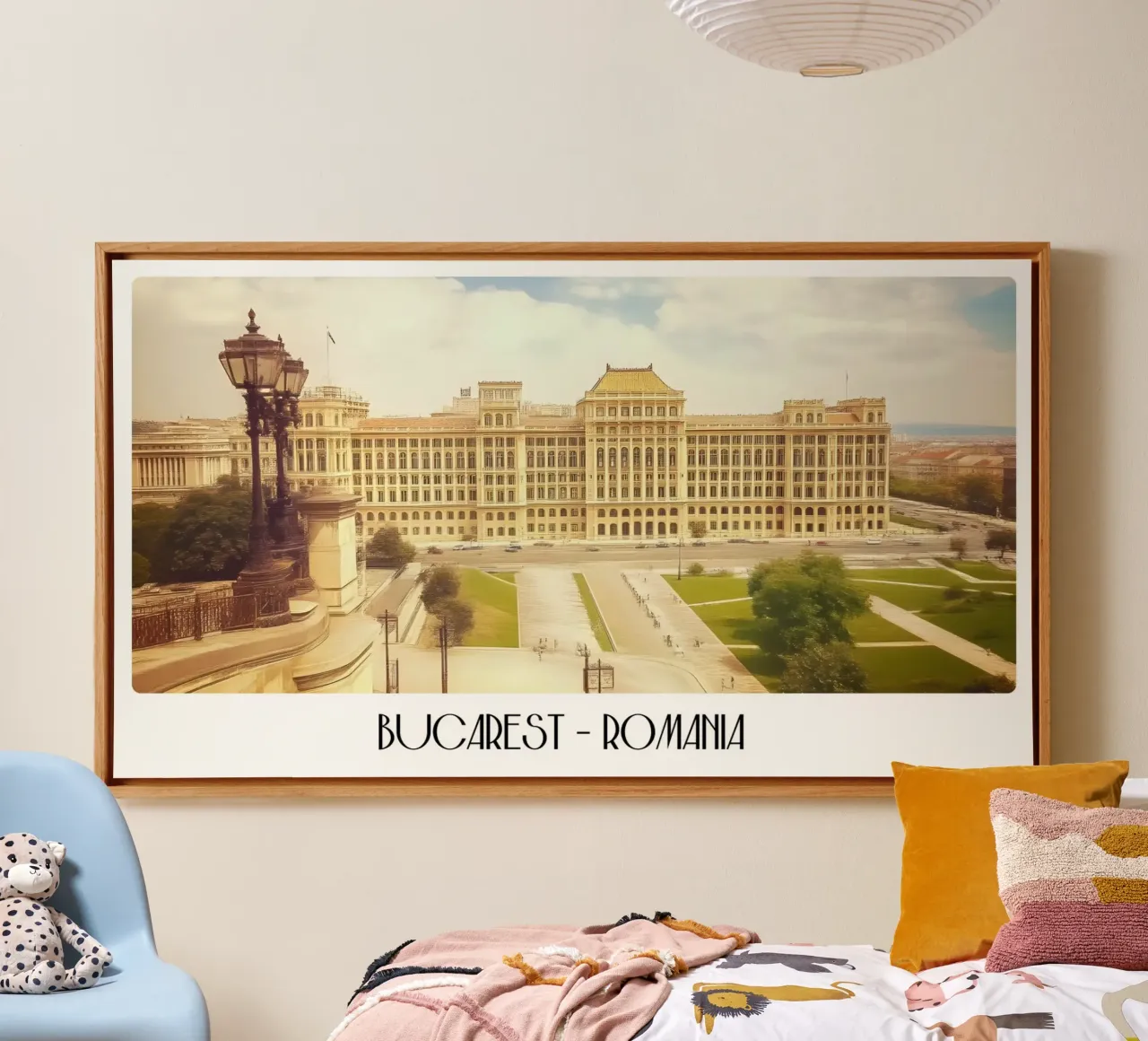 Bucarest Romania Palazzo del Parlamento Poster d'epoca tela con Cornice a cassetta da ClubArt