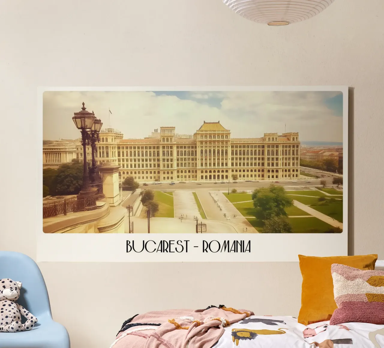Bucarest Romania Palazzo del Parlamento Poster d'epoca tela con Cornice a cassetta da ClubArt