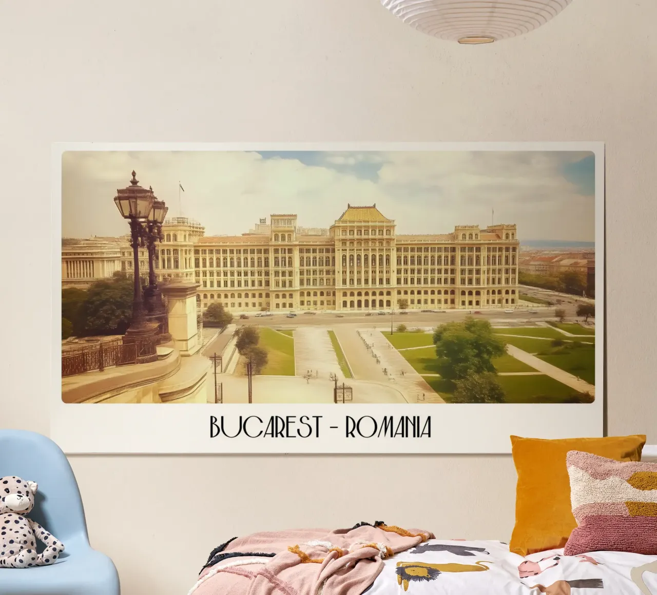 Bucarest Romania Palazzo del Parlamento Poster d'epoca poster con telaio in legno da ClubArt