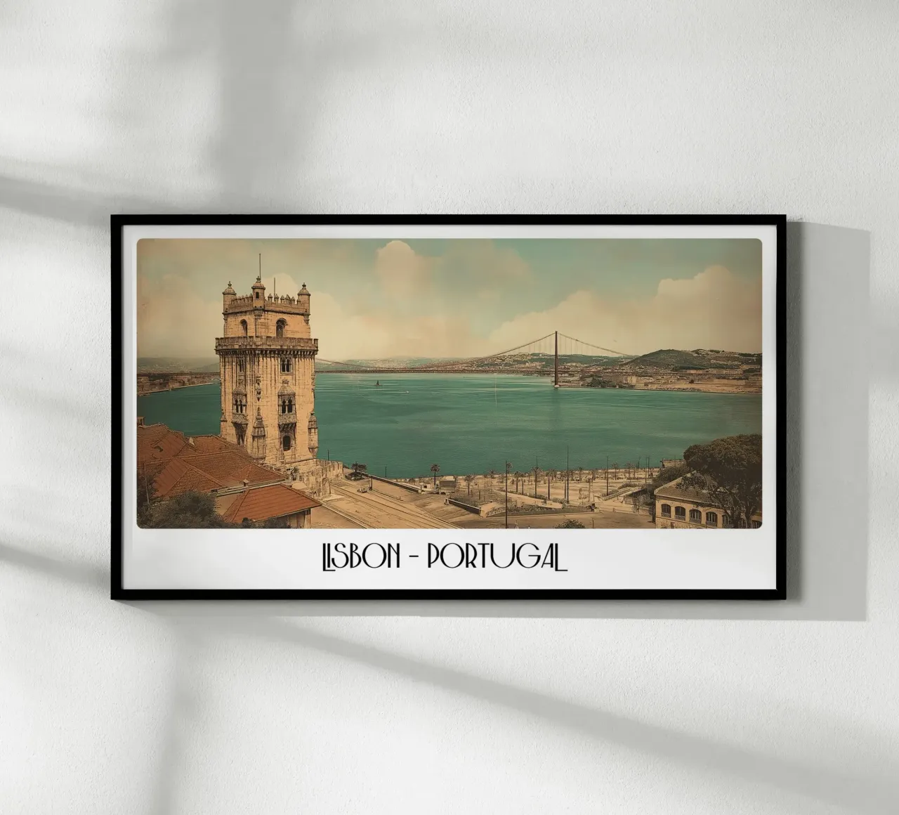 Lisbona Portogallo Torre di Belém Fiume Tago Poster d'epoca poster con telaio in legno da ClubArt
