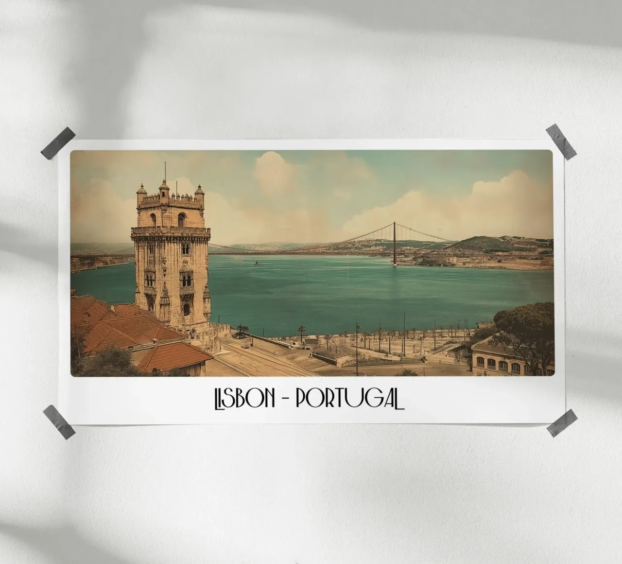 Lisbona Portogallo Torre di Belém Fiume Tago Poster d'epoca poster con telaio in legno da ClubArt