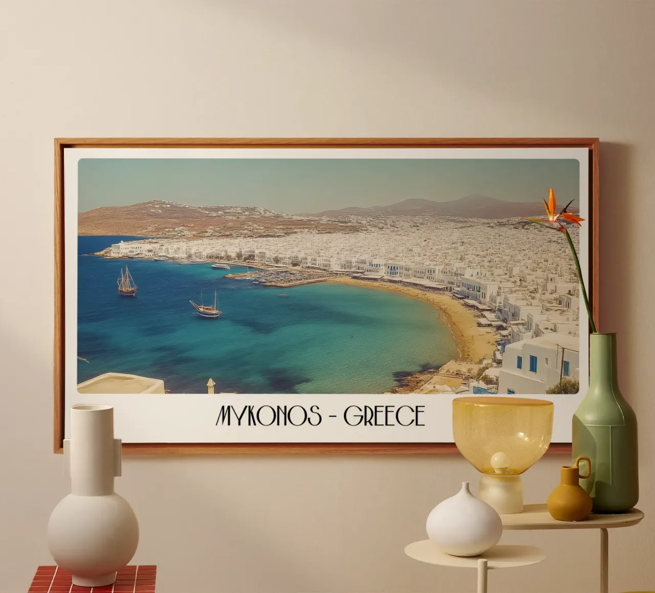 Mykonos Grecia - Poster vintage sulla spiaggia dell'isola imbiancata tela con Cornice a cassetta da ClubArt