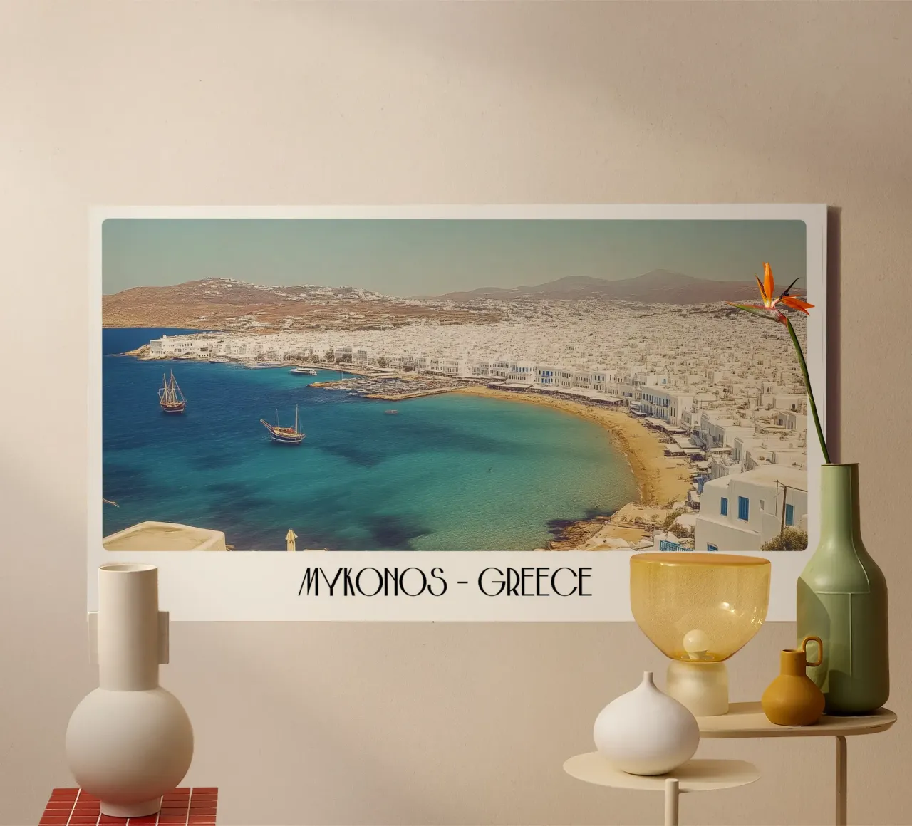 Mykonos Grecia - Poster vintage sulla spiaggia dell'isola imbiancata tela con Cornice a cassetta da ClubArt