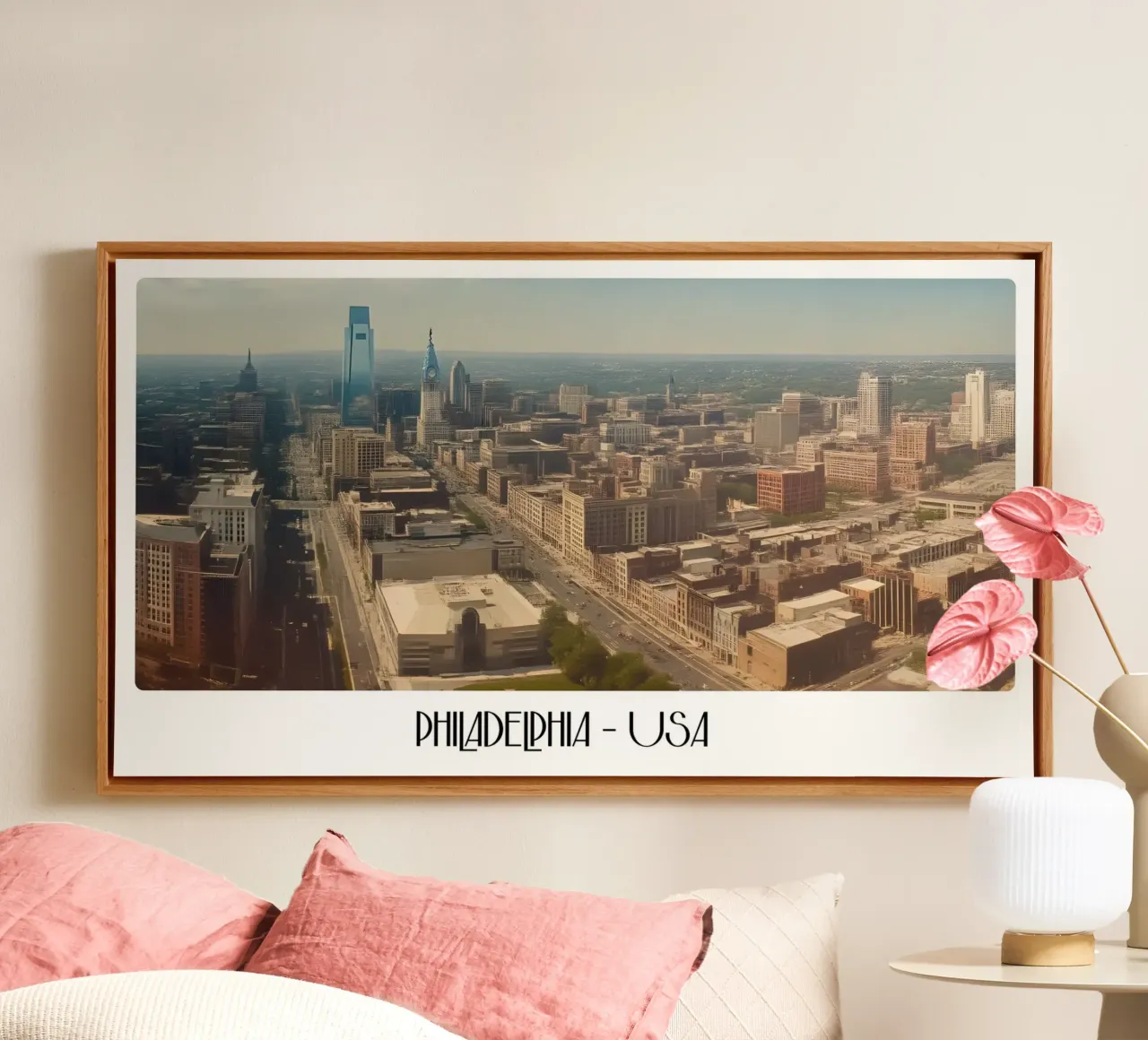 Philadelphia Skyline Retro Art - VS Stadsgezicht Poster canvas met Baklijst van ClubArt