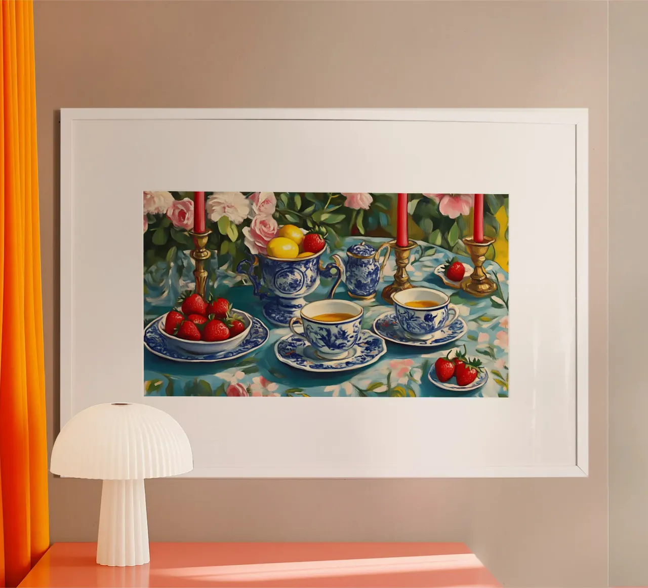Blue Willow Teatime Stillleben - Chinoiserie Blumenkunst Poster von ClubArt