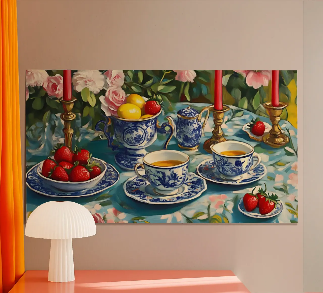 Blue Willow Teatime Stillleben - Chinoiserie Blumenkunst Poster von ClubArt