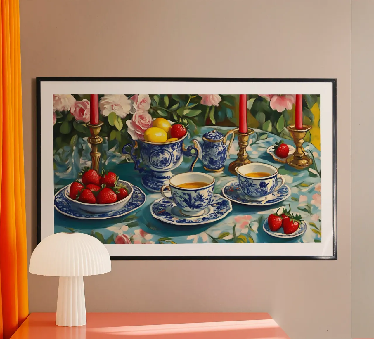 Blue Willow Teatime Stillleben - Chinoiserie Blumenkunst Poster von ClubArt