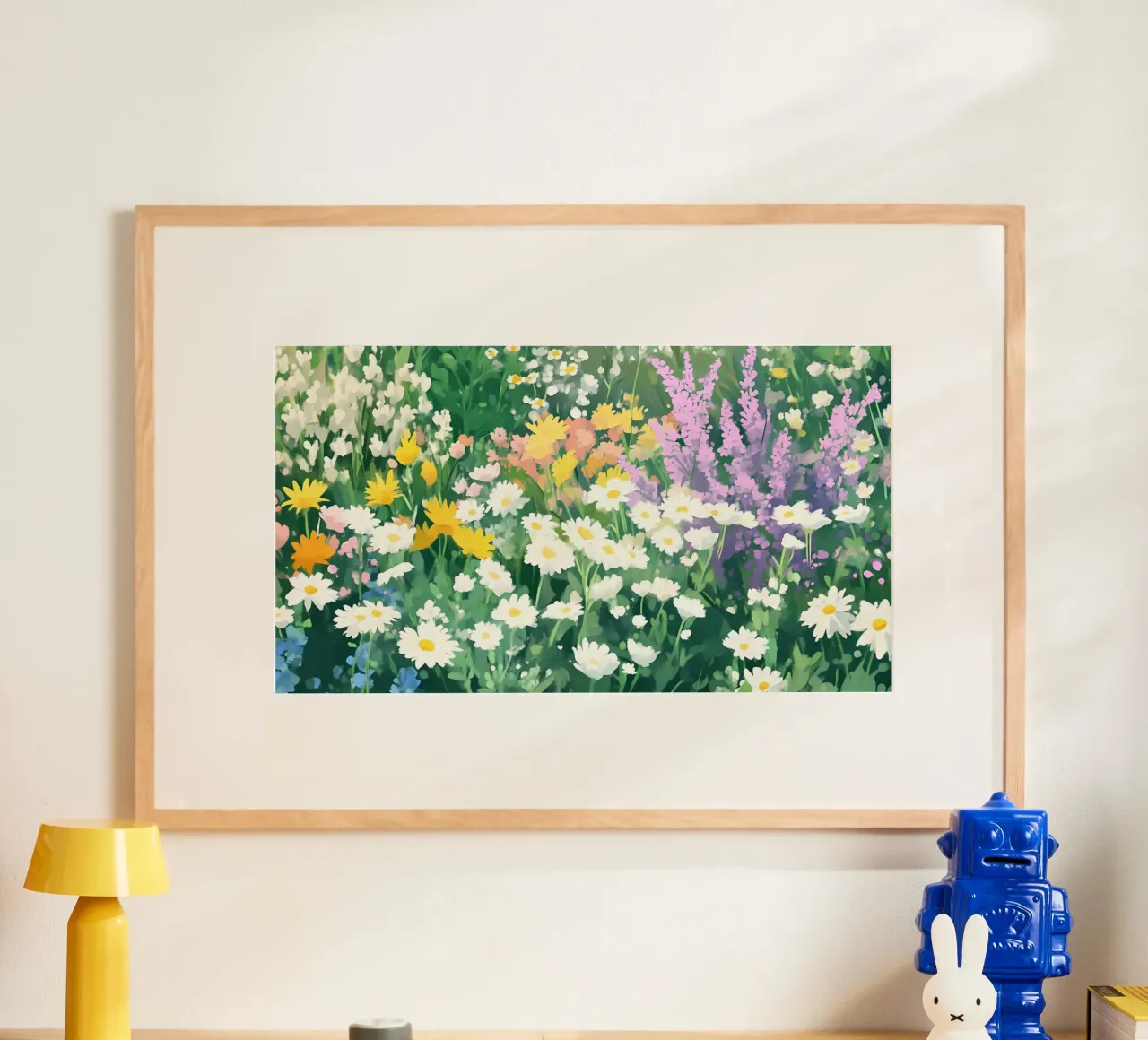 Campo di margherite dai fiori selvatici colorati - Fioritura primaverile impressionista poster con telaio in plastica da ClubArt