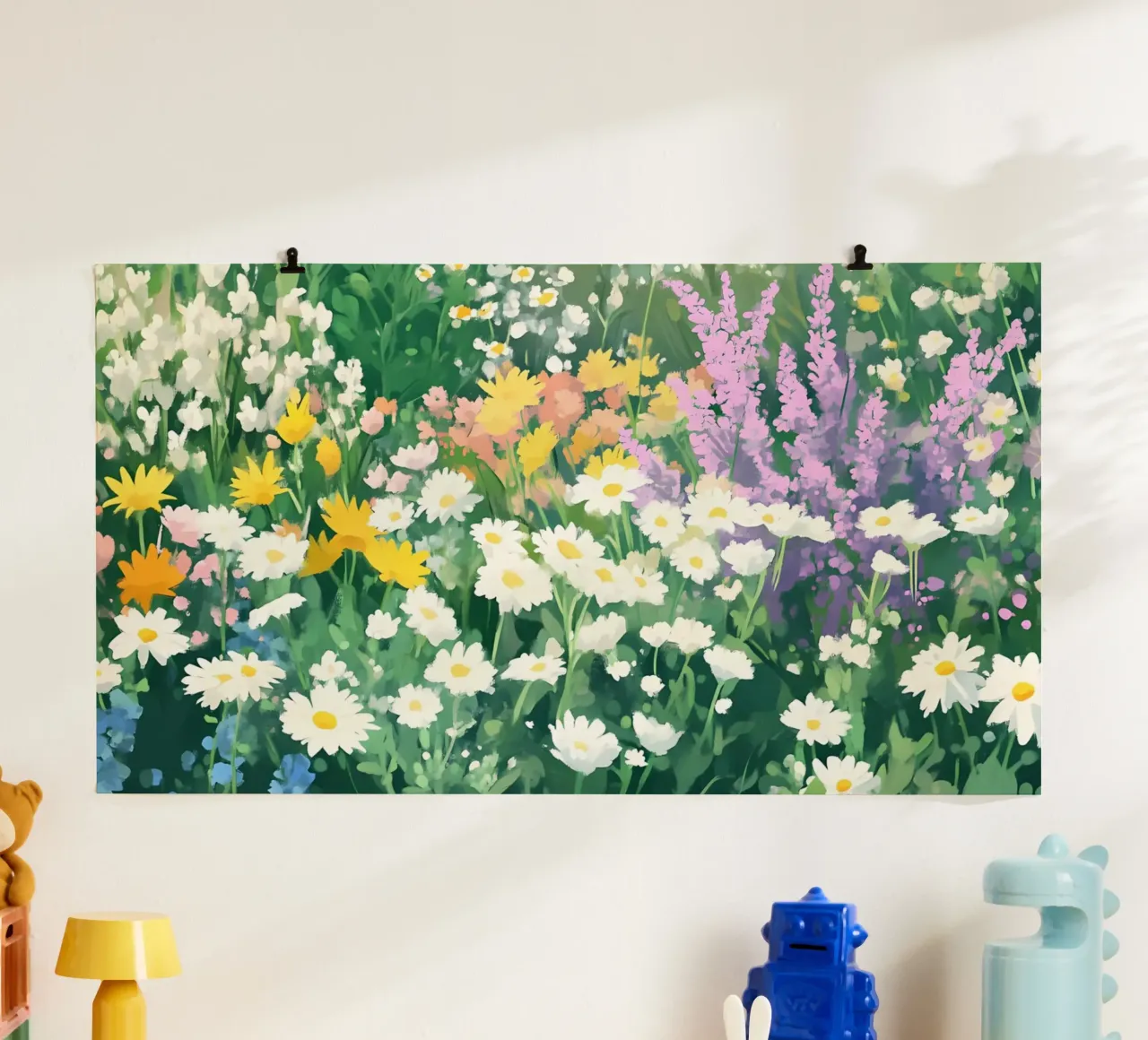 Campo di margherite dai fiori selvatici colorati - Fioritura primaverile impressionista poster con telaio in plastica da ClubArt