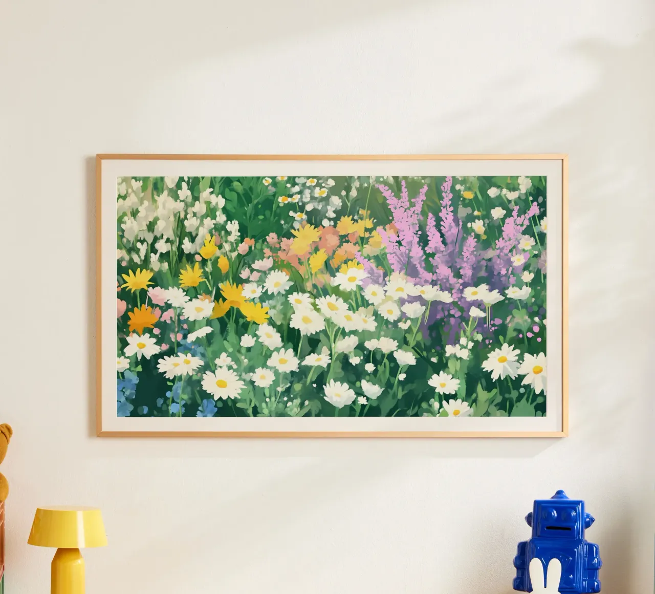 Campo di margherite dai fiori selvatici colorati - Fioritura primaverile impressionista poster con telaio in plastica da ClubArt