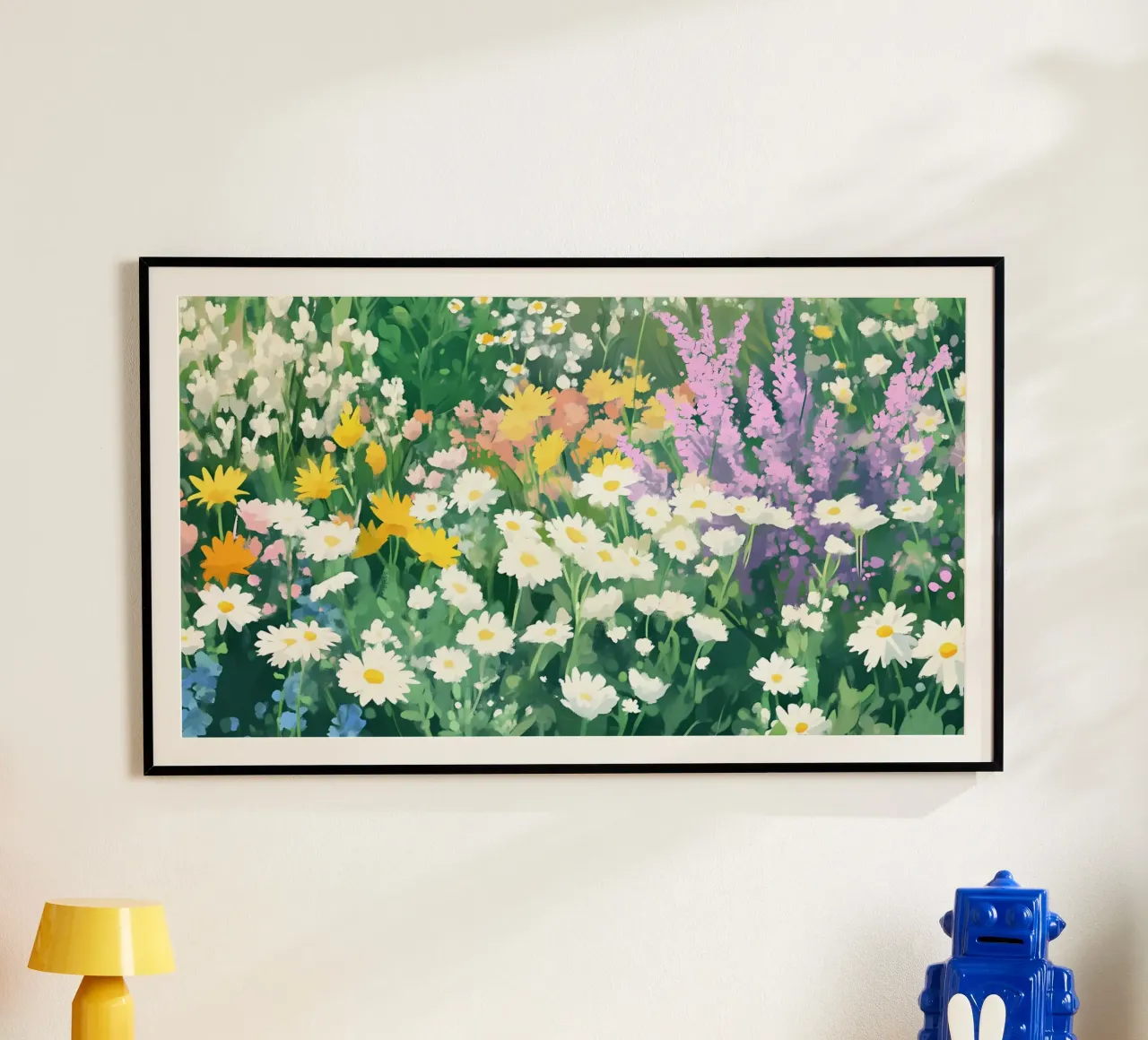 Campo di margherite dai fiori selvatici colorati - Fioritura primaverile impressionista poster con telaio in plastica da ClubArt