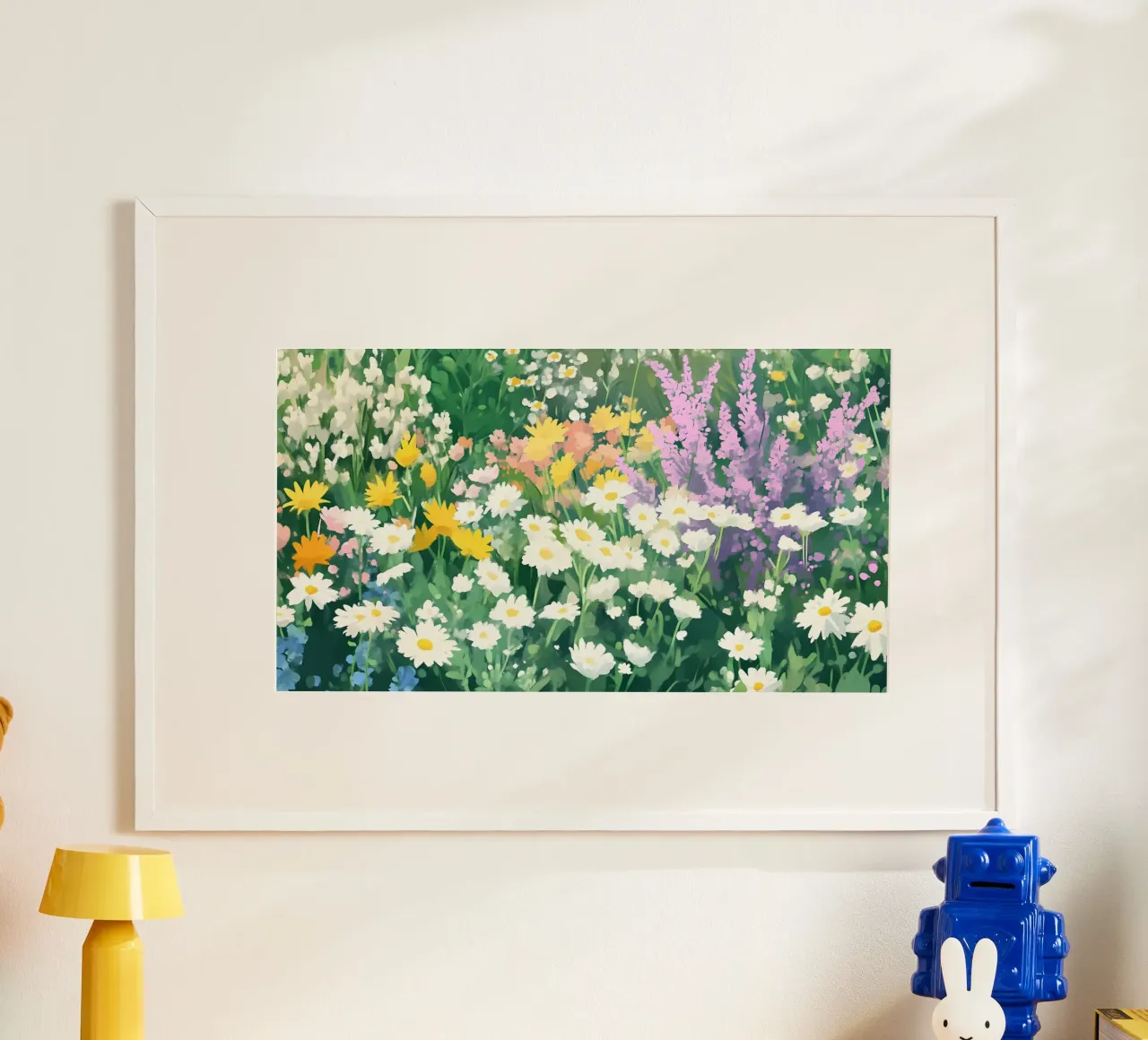 Campo di margherite dai fiori selvatici colorati - Fioritura primaverile impressionista poster con telaio in plastica da ClubArt