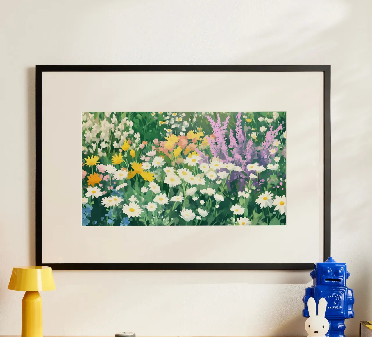 Campo di margherite dai fiori selvatici colorati - Fioritura primaverile impressionista poster con telaio in plastica da ClubArt