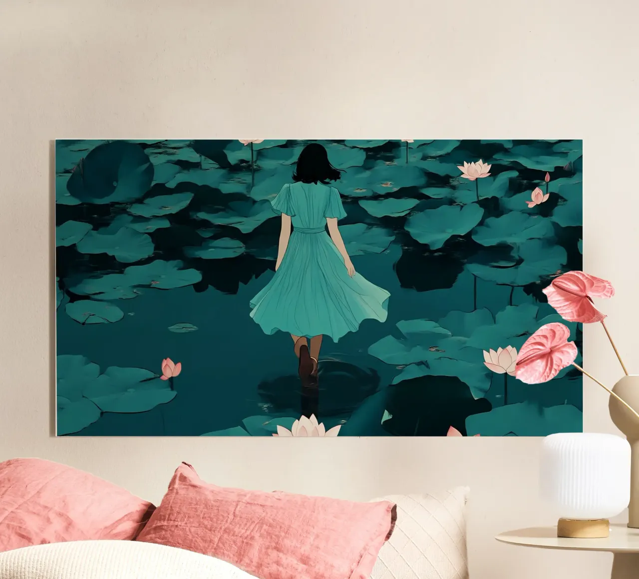 Girl in Lotus Pond - Dreamy Ghibli Style Art acrylic glass by ClubArt