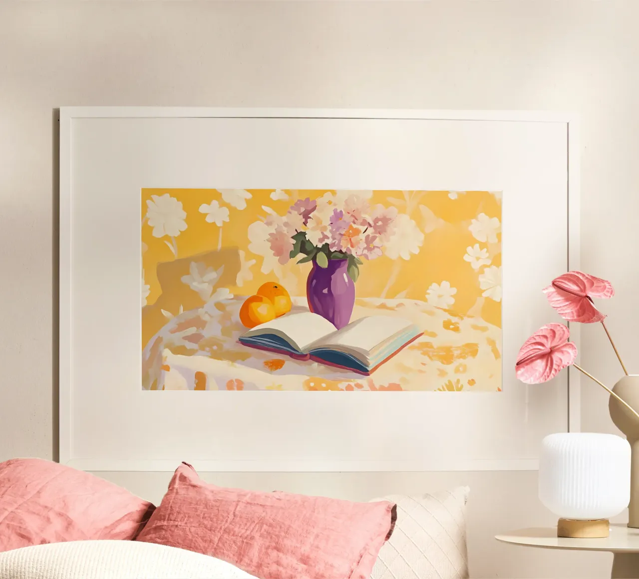 Bücher & Blüten Stillleben - Gemütliche Leseecke Kunst Poster mit Holzrahmen von ClubArt