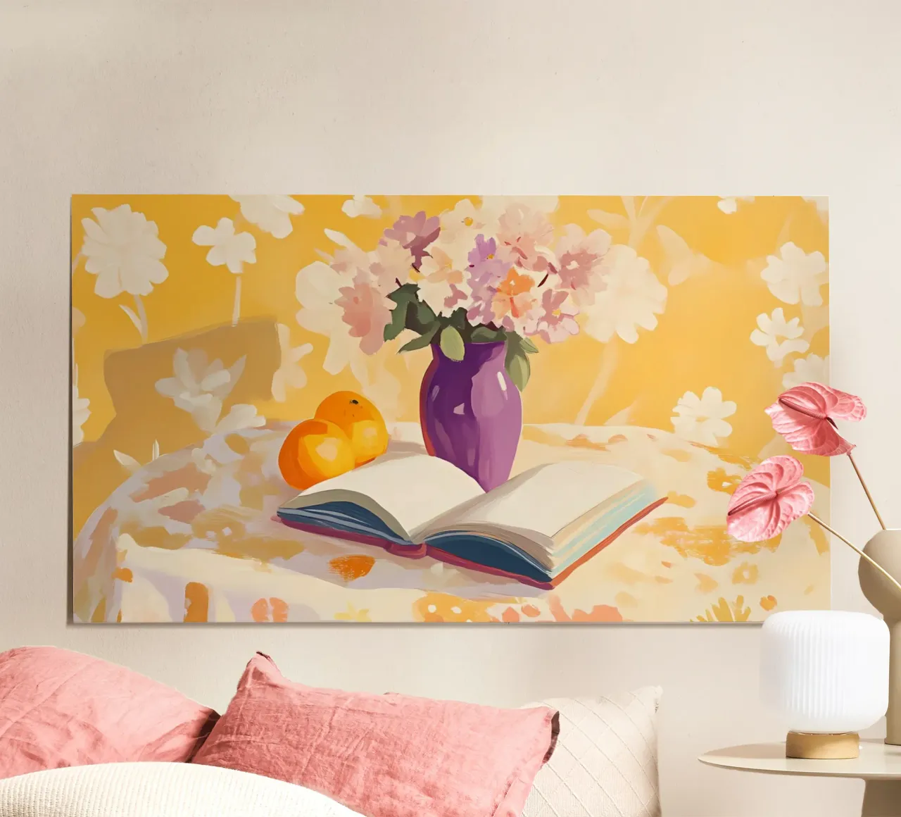 Bücher & Blüten Stillleben - Gemütliche Leseecke Kunst Poster mit Holzrahmen von ClubArt