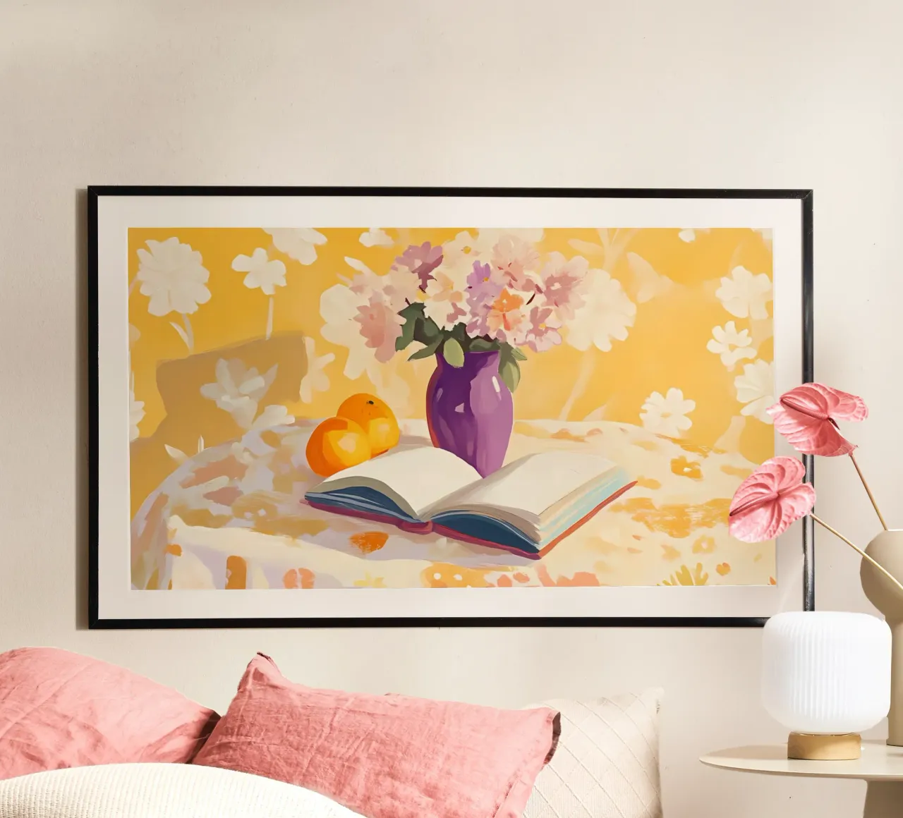Bücher & Blüten Stillleben - Gemütliche Leseecke Kunst Poster mit Holzrahmen von ClubArt