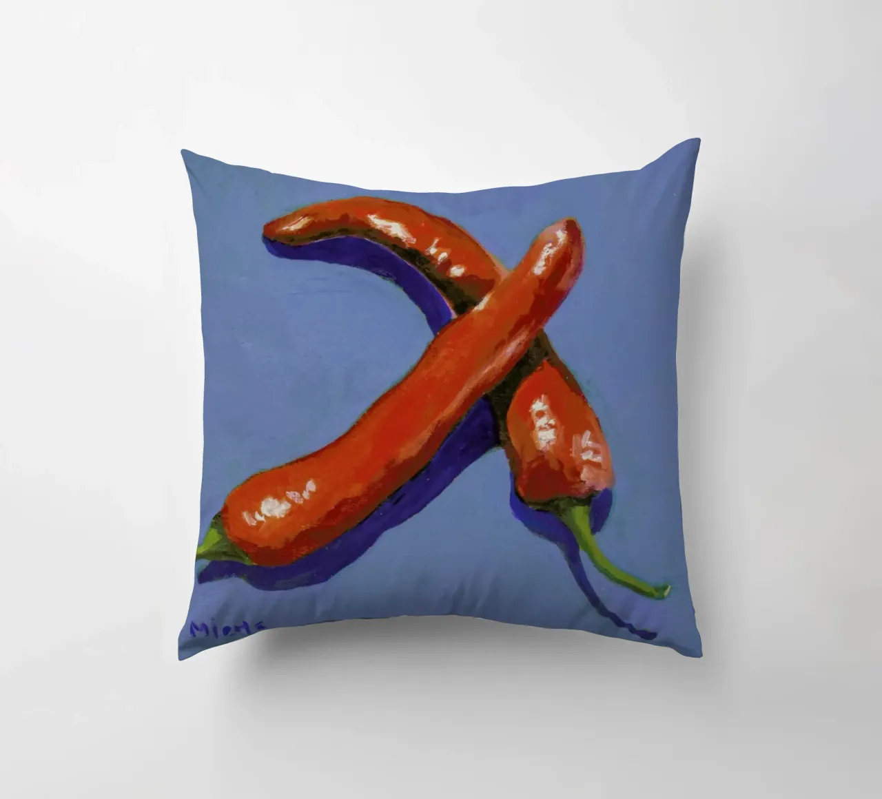 Chillis on Blue decorative cushion by Miche Watkins