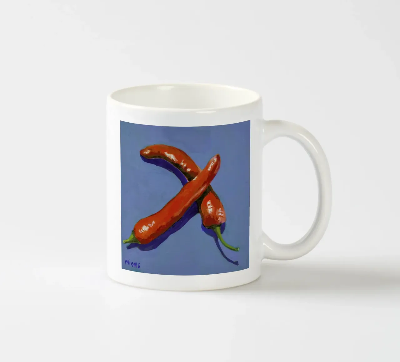 Chillis on Blue tazza in ceramica da Miche Watkins