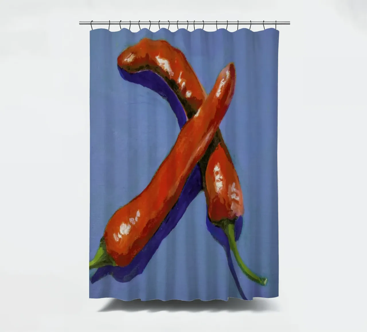 Chillis on Blue shower curtain by Miche Watkins