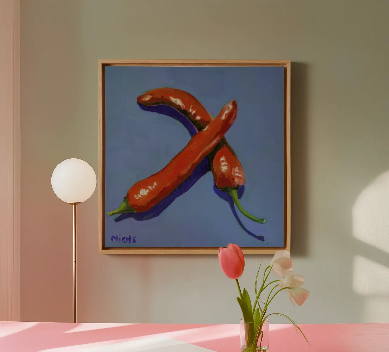 Chillis on Blue canvas by Miche Watkins