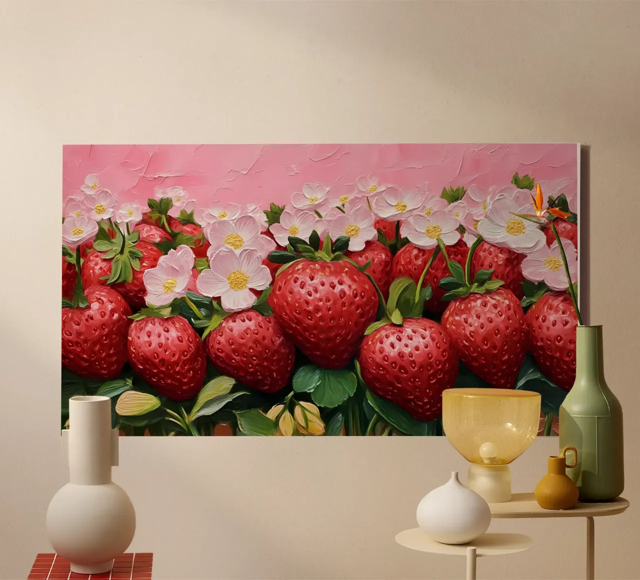 Fioritura di patch di fragole lussureggianti - Arte floreale di frutta strutturata tela con Cornice a cassetta da ClubArt