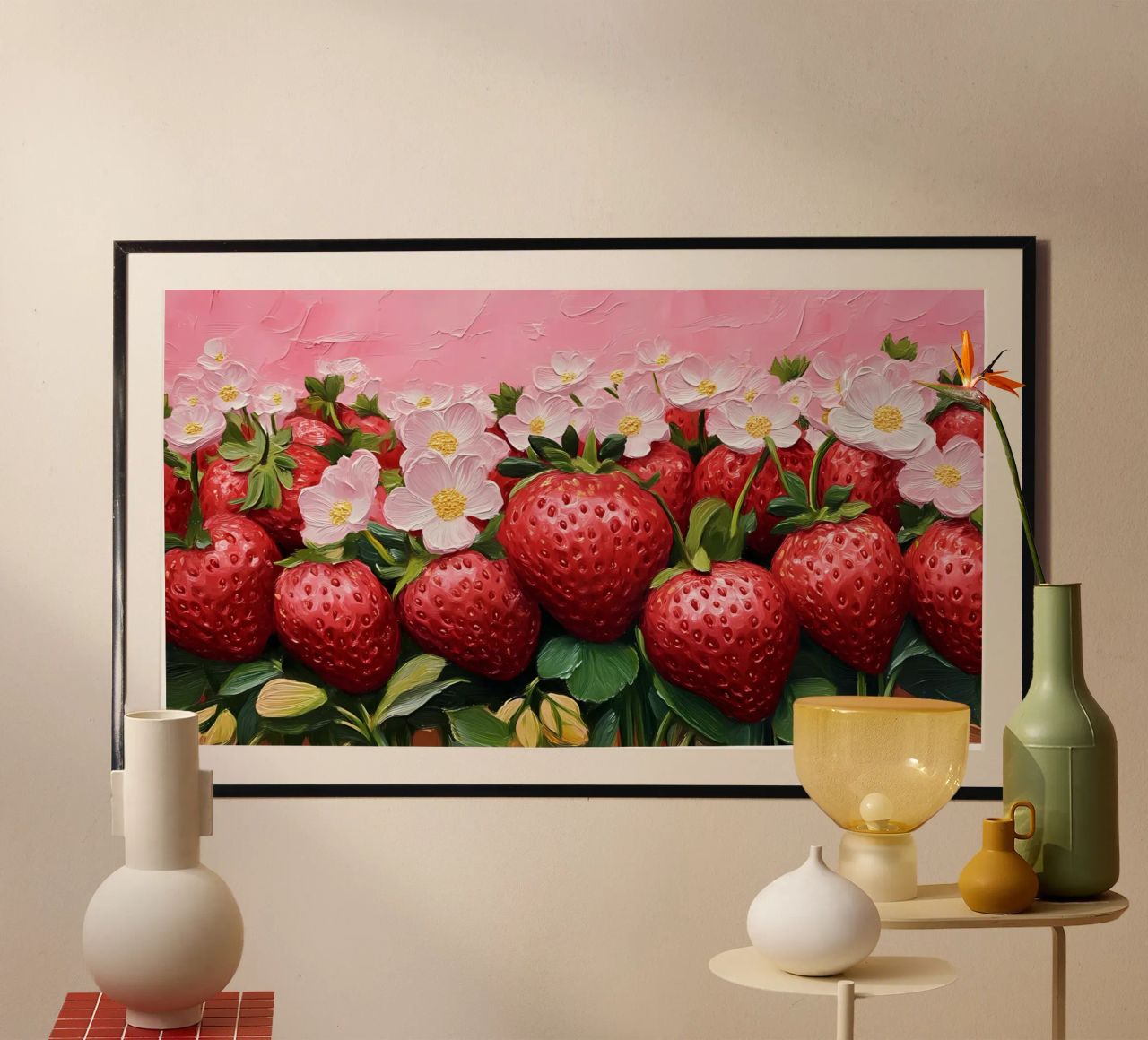 Lush Strawberry Patch Bloom - Textured Fruit Floral Art poster by ClubArt