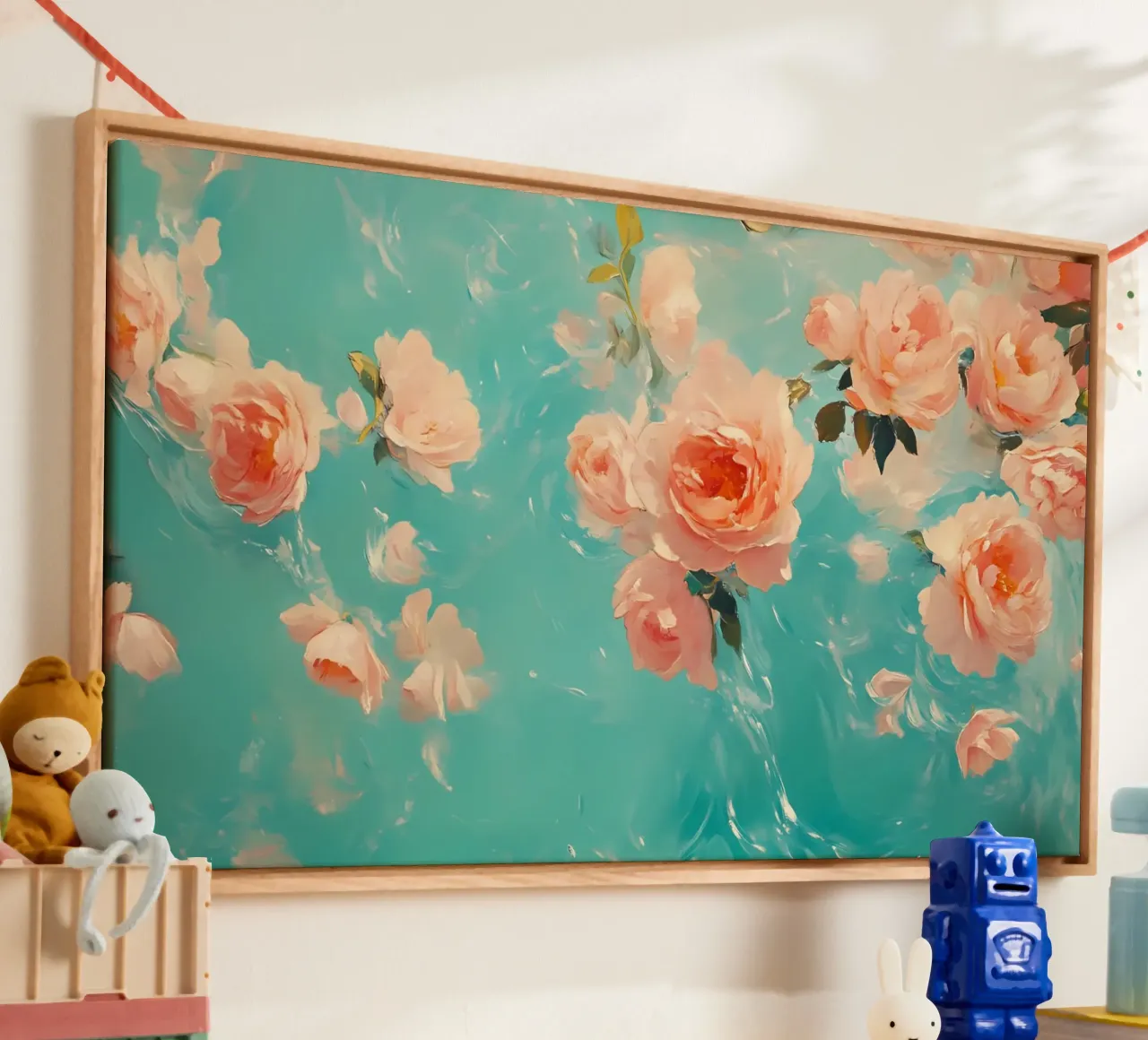 Romantische Rozen Bloeien - Abstract Teal Bloemen Sereniteit canvas met Baklijst van ClubArt