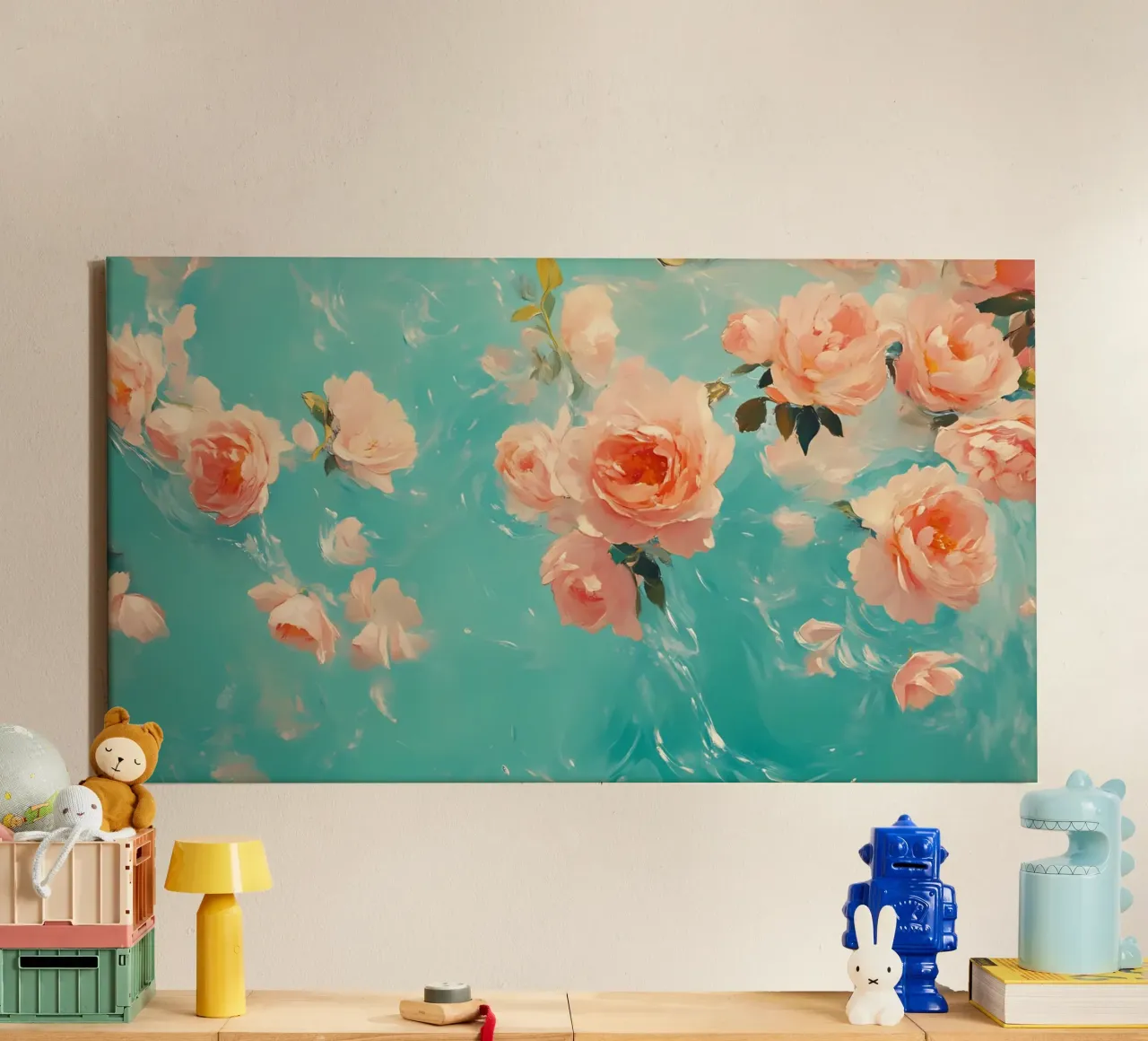 Romantische Rozen Bloeien - Abstract Teal Bloemen Sereniteit canvas met Baklijst van ClubArt