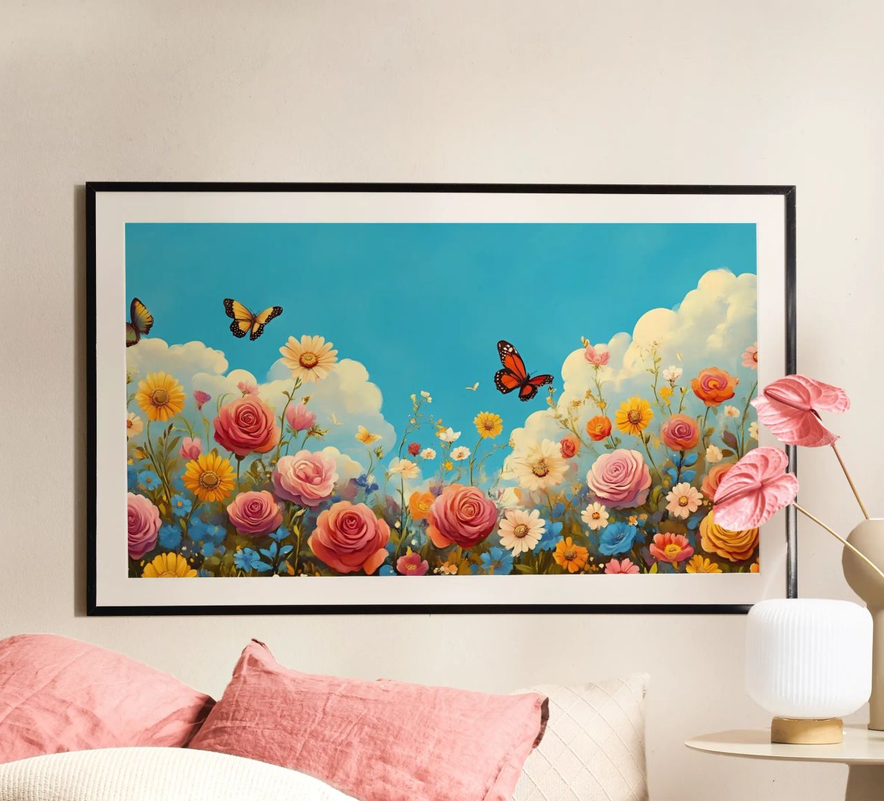 Butterflies & Roses Meadow - Vibrant Floral Sky Art poster de ClubArt