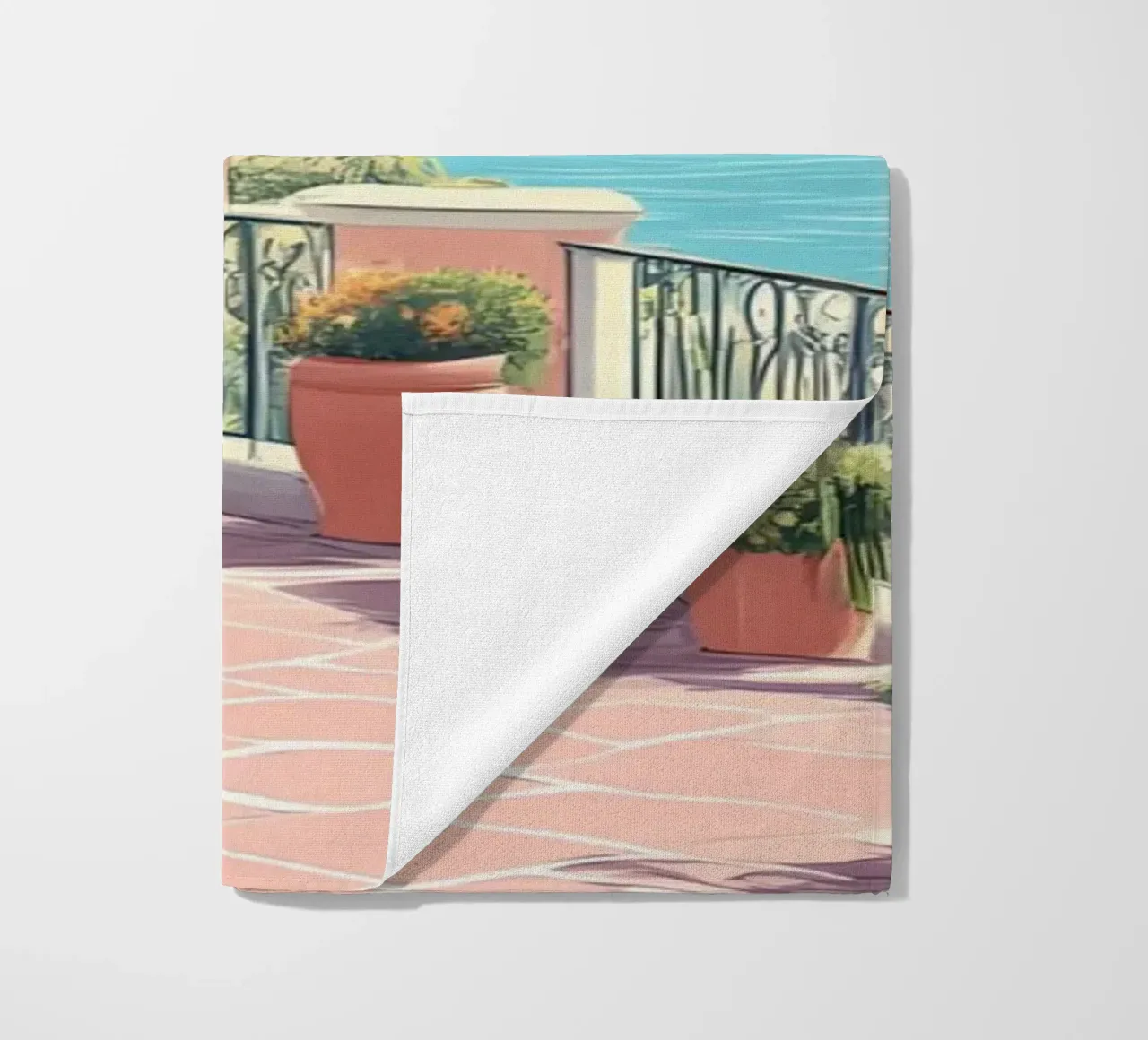 Italian Coast Balcony View - Mediterranean Summer Terrace beach towel by ClubArt