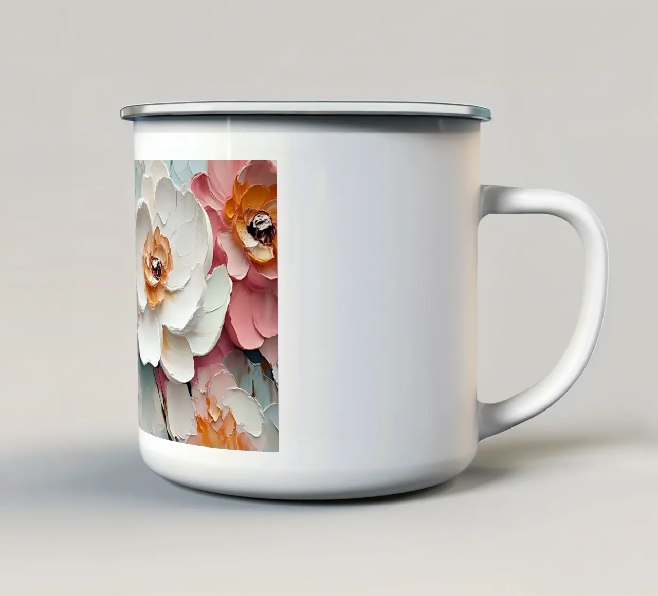 Impasto floreale testurizzato - Fiori rosa bianchi in fiore tazza in smalto da ClubArt