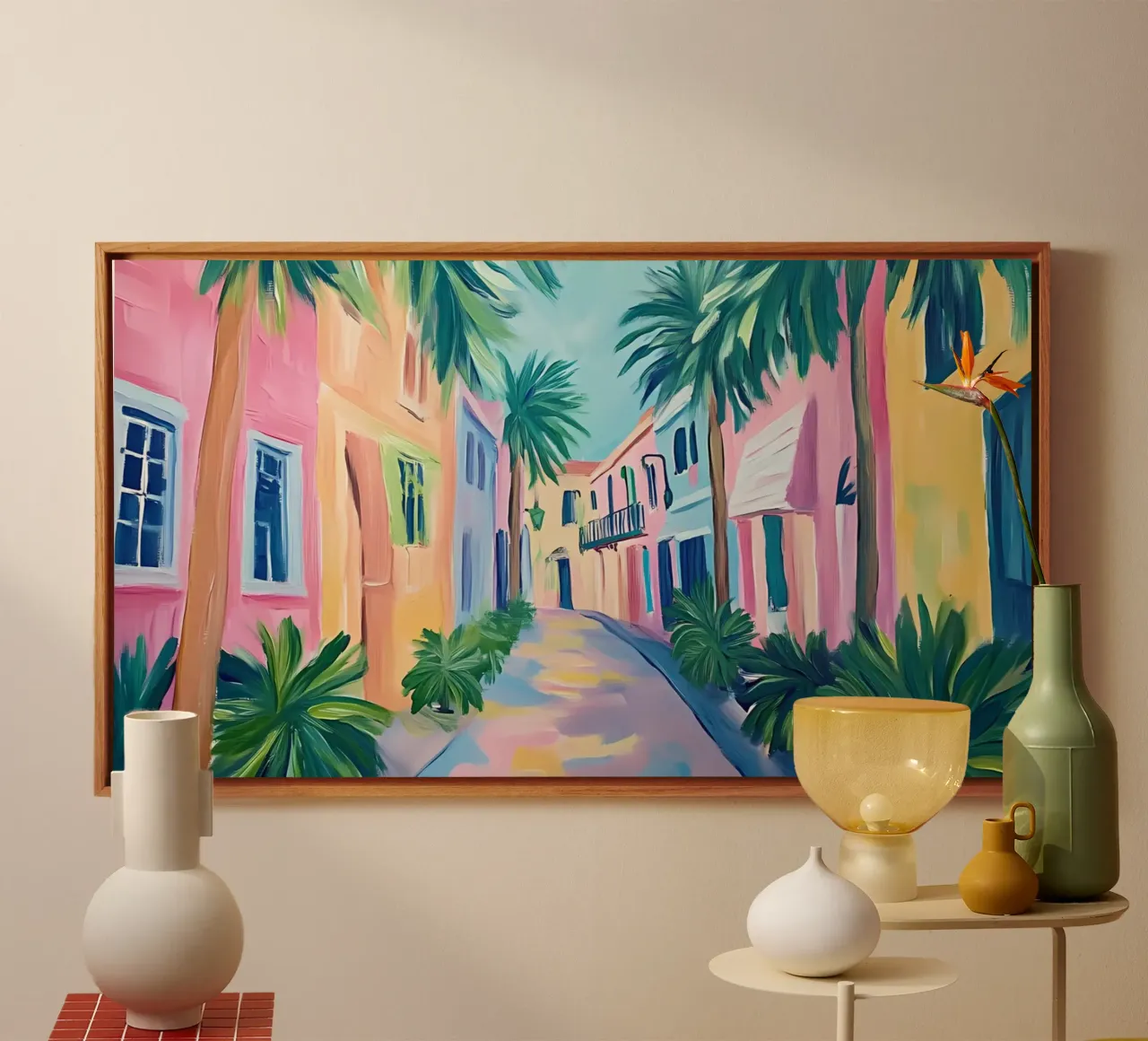 Charleston Rainbow Row kunst - levendig kustlandschap canvas met Baklijst van ClubArt