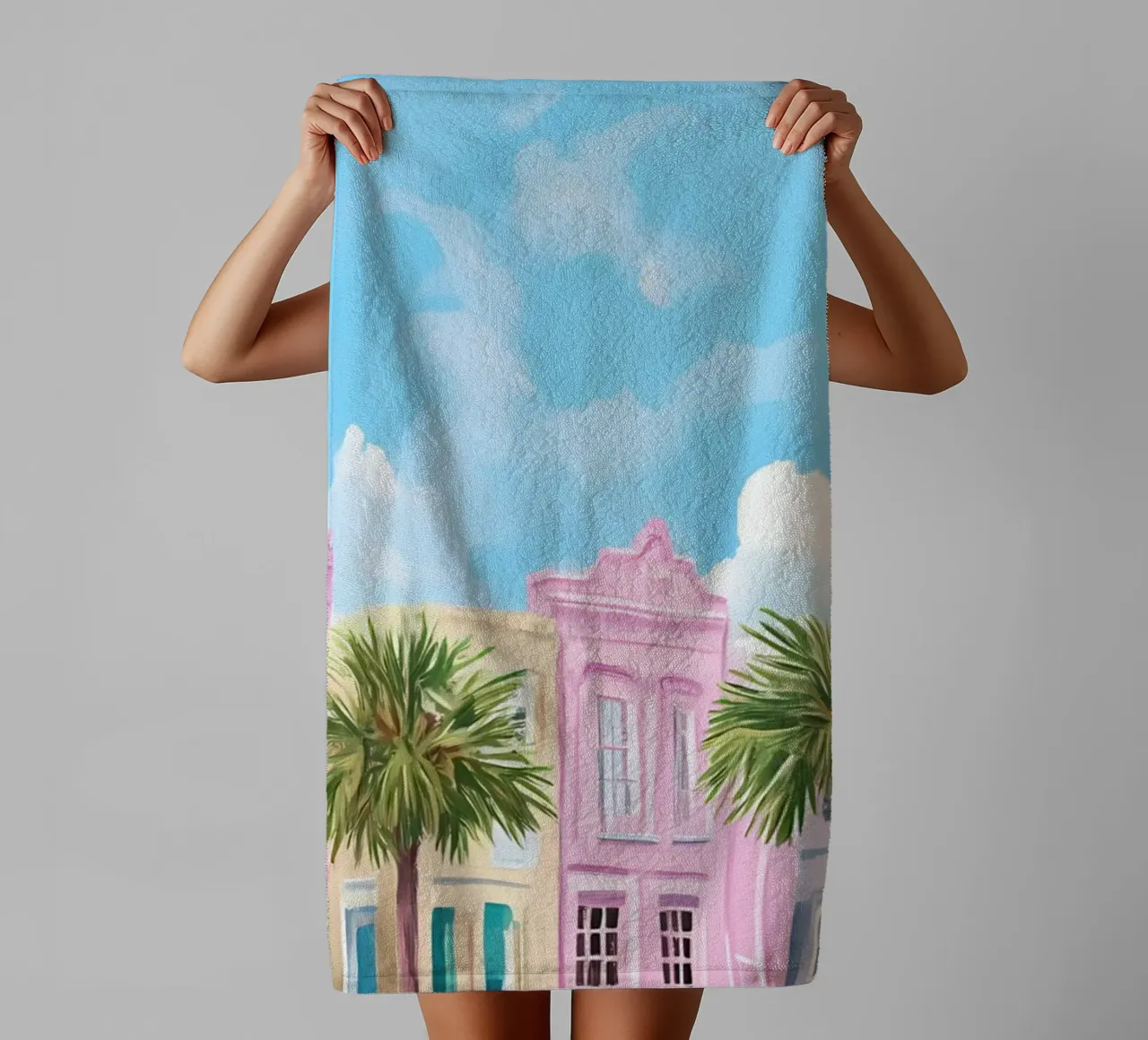 Charleston Rainbow Row - Pastelkleurig stadsgezicht badhanddoek van ClubArt