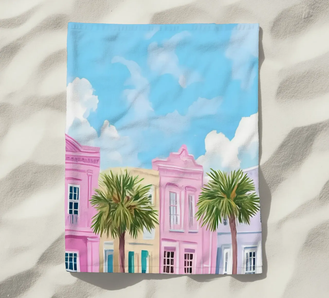 Charleston Rainbow Row - Pastell Küstenstadtbild Kunst Strandtuch von ClubArt
