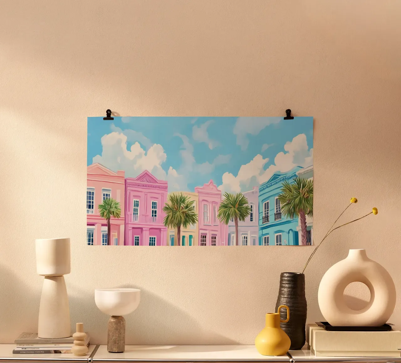 Charleston Rainbow Row - Pastell Küstenstadtbild Kunst Hahnemühle von ClubArt