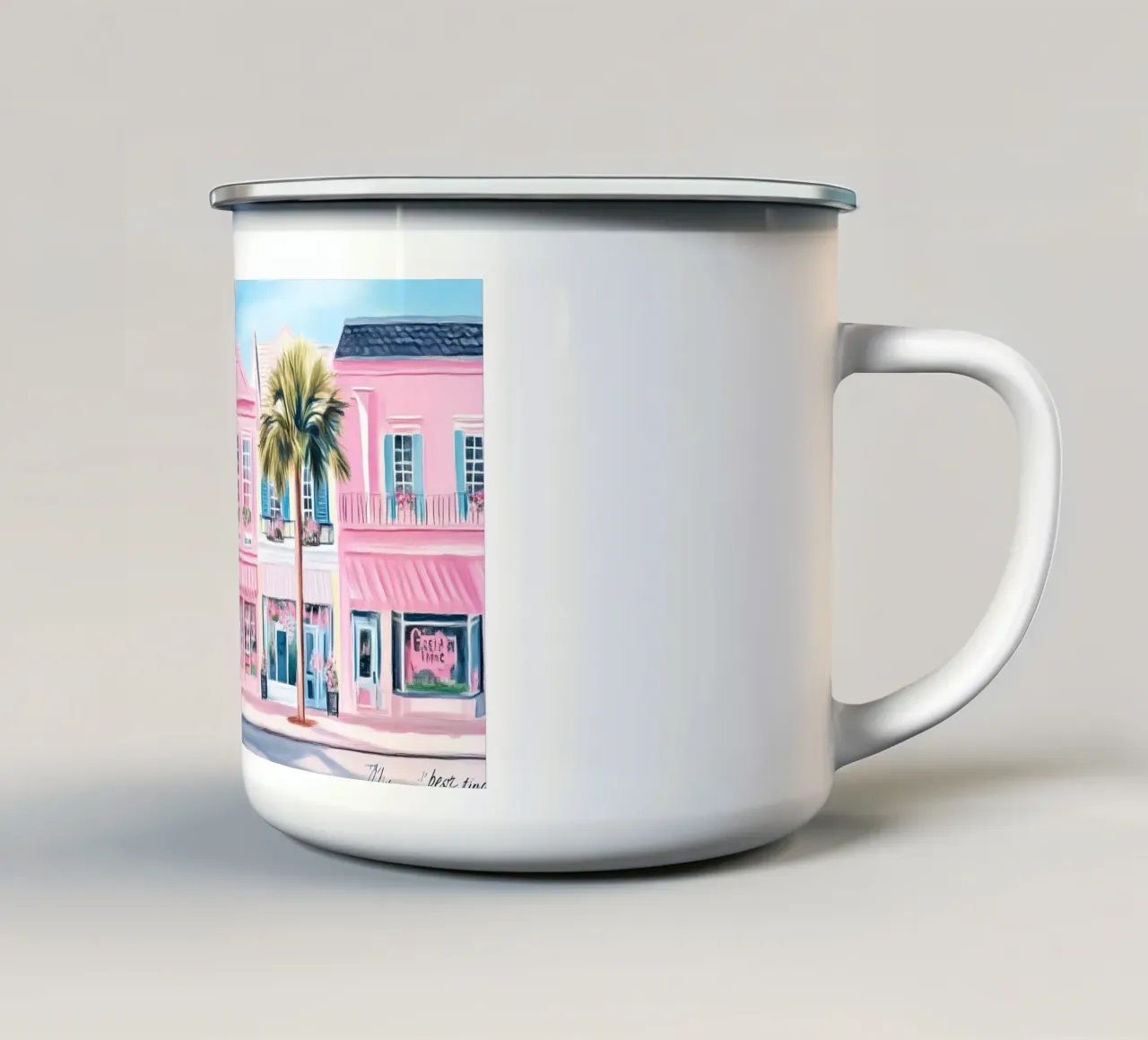 Pastel Coastal Shops - Charming Florida Town Art enamel mug by ClubArt