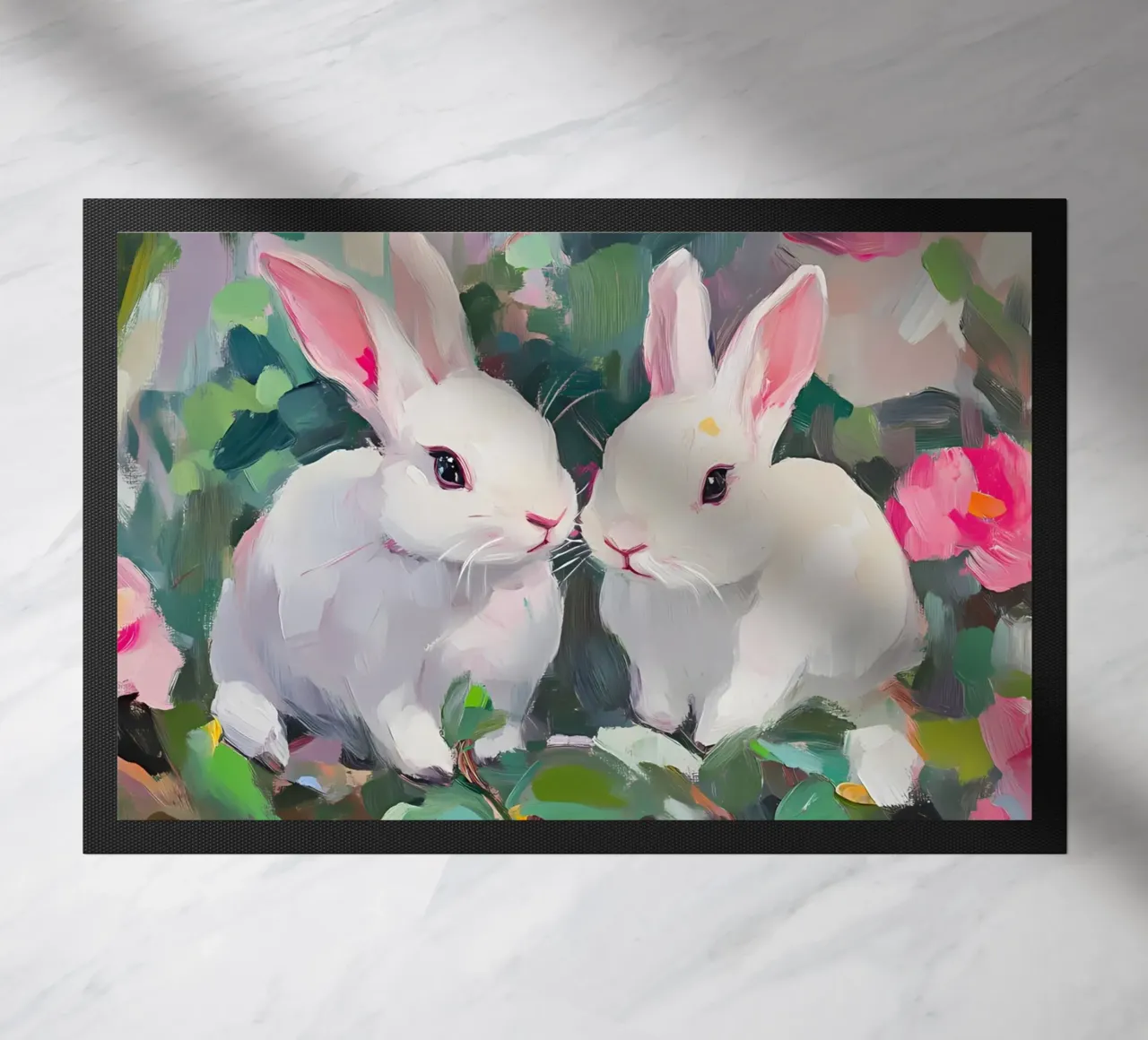 Coniglietti bianchi in campo floreale - Arte animale impressionista a pastello zerbino da ClubArt