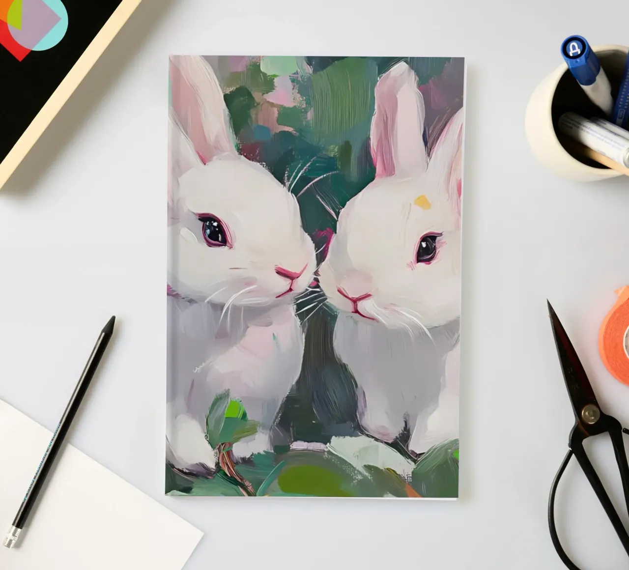 White Bunnies Floral Field - Impressionist Pastel Animal Art notebook by ClubArt