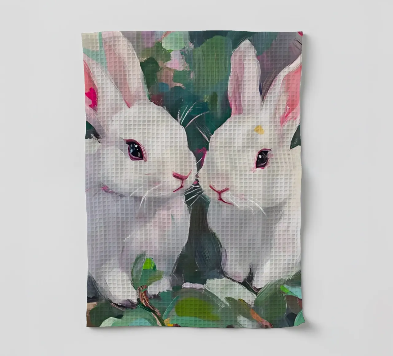 Coniglietti bianchi in campo floreale - Arte animale impressionista a pastello canovaccio da cucina da ClubArt