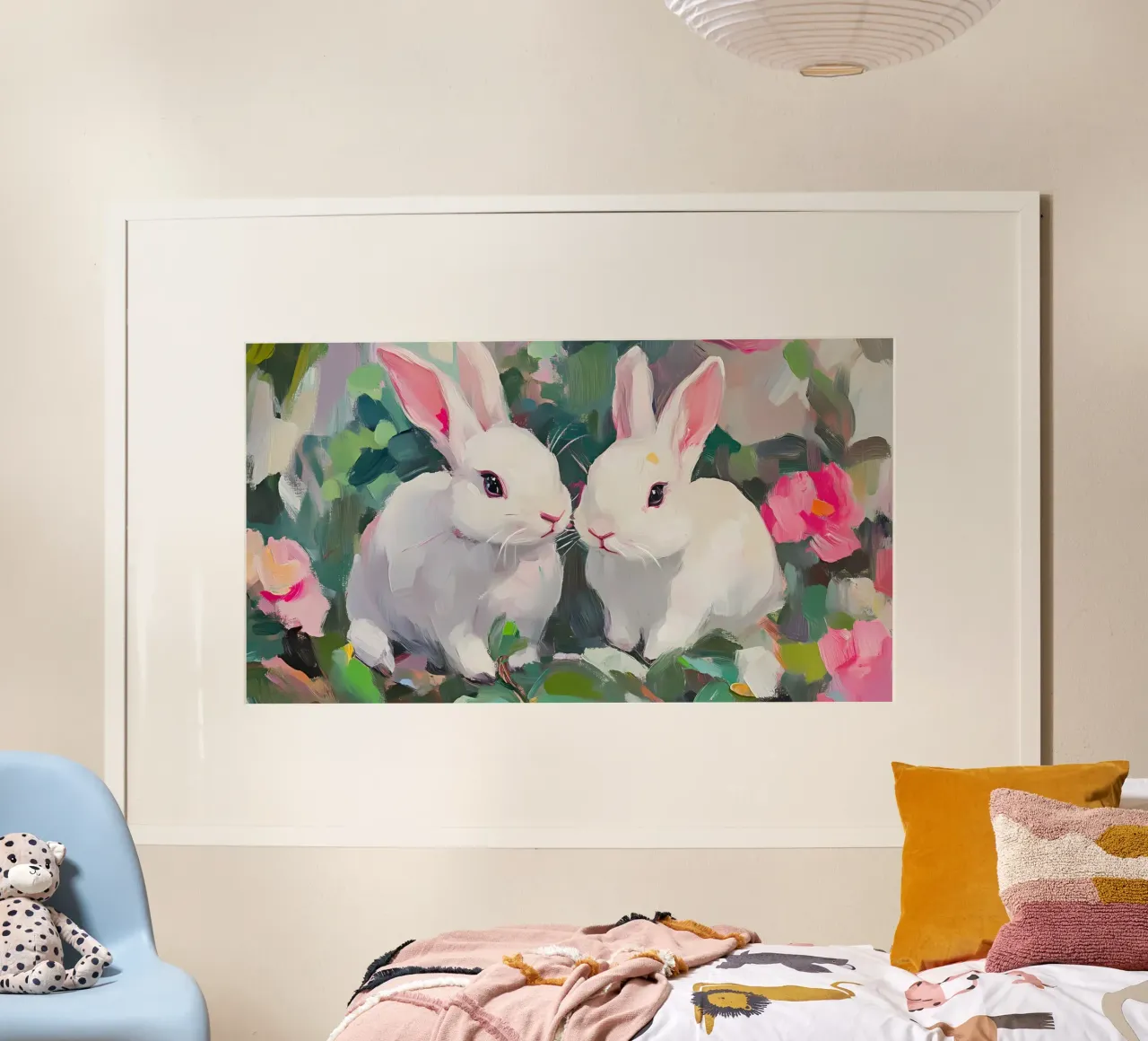 Coniglietti bianchi in campo floreale - Arte animale impressionista a pastello carta hahnemühle da ClubArt