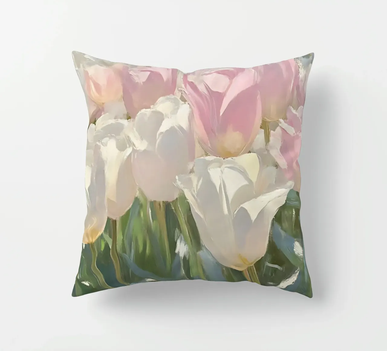 Soft Pastel Tulip Field - Impressionist Spring Bloom Art decorative cushion by ClubArt
