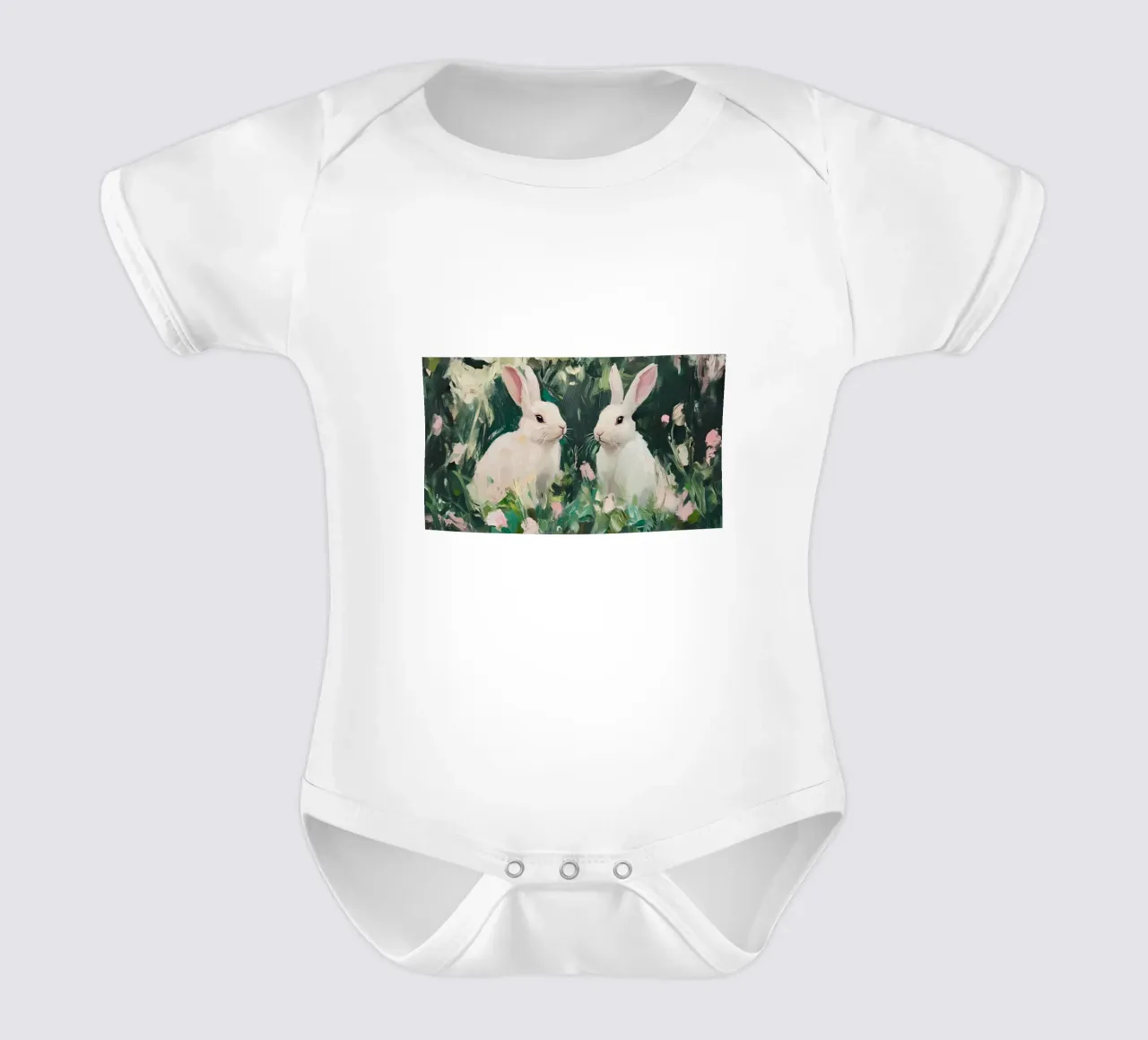 Coniglietti bianchi stravaganti - Foresta floreale impressionista body neonato maniche corte da ClubArt