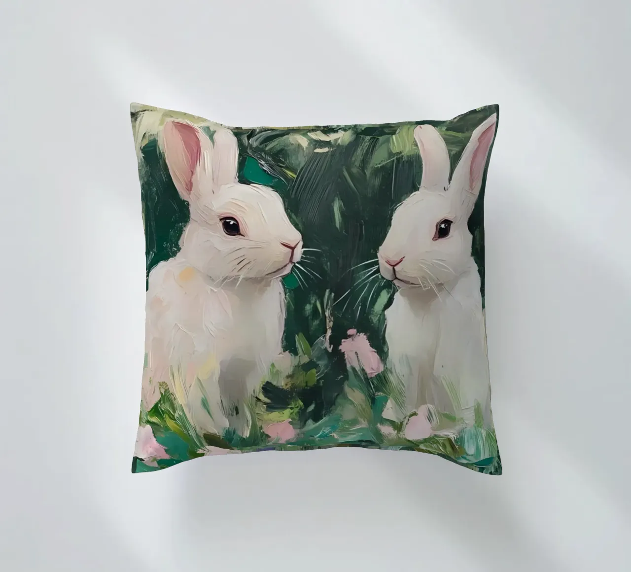 Coniglietti bianchi stravaganti - Foresta floreale impressionista cuscino da ClubArt