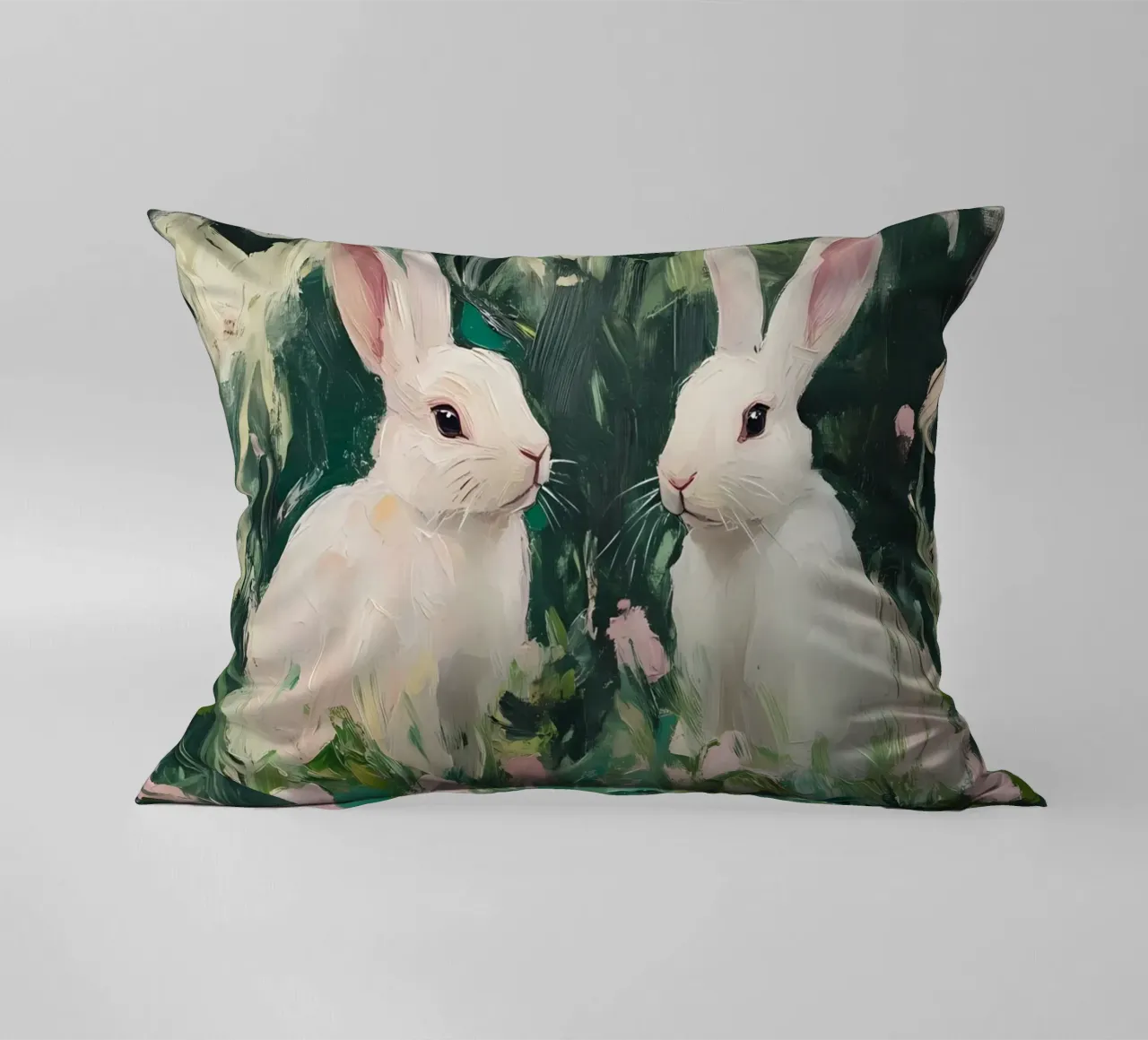 Coniglietti bianchi stravaganti - Foresta floreale impressionista cuscino da ClubArt