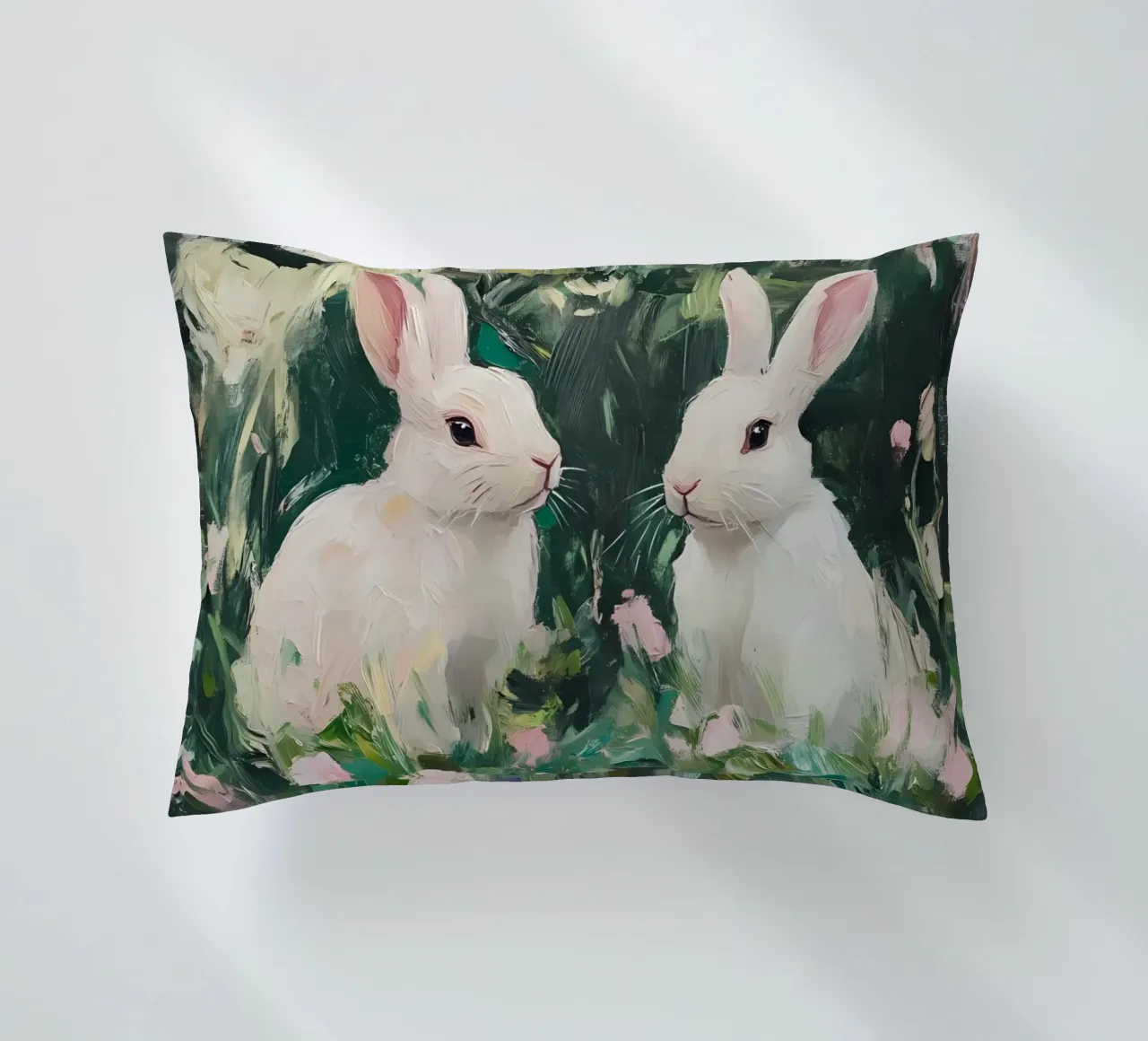 Coniglietti bianchi stravaganti - Foresta floreale impressionista cuscino da ClubArt