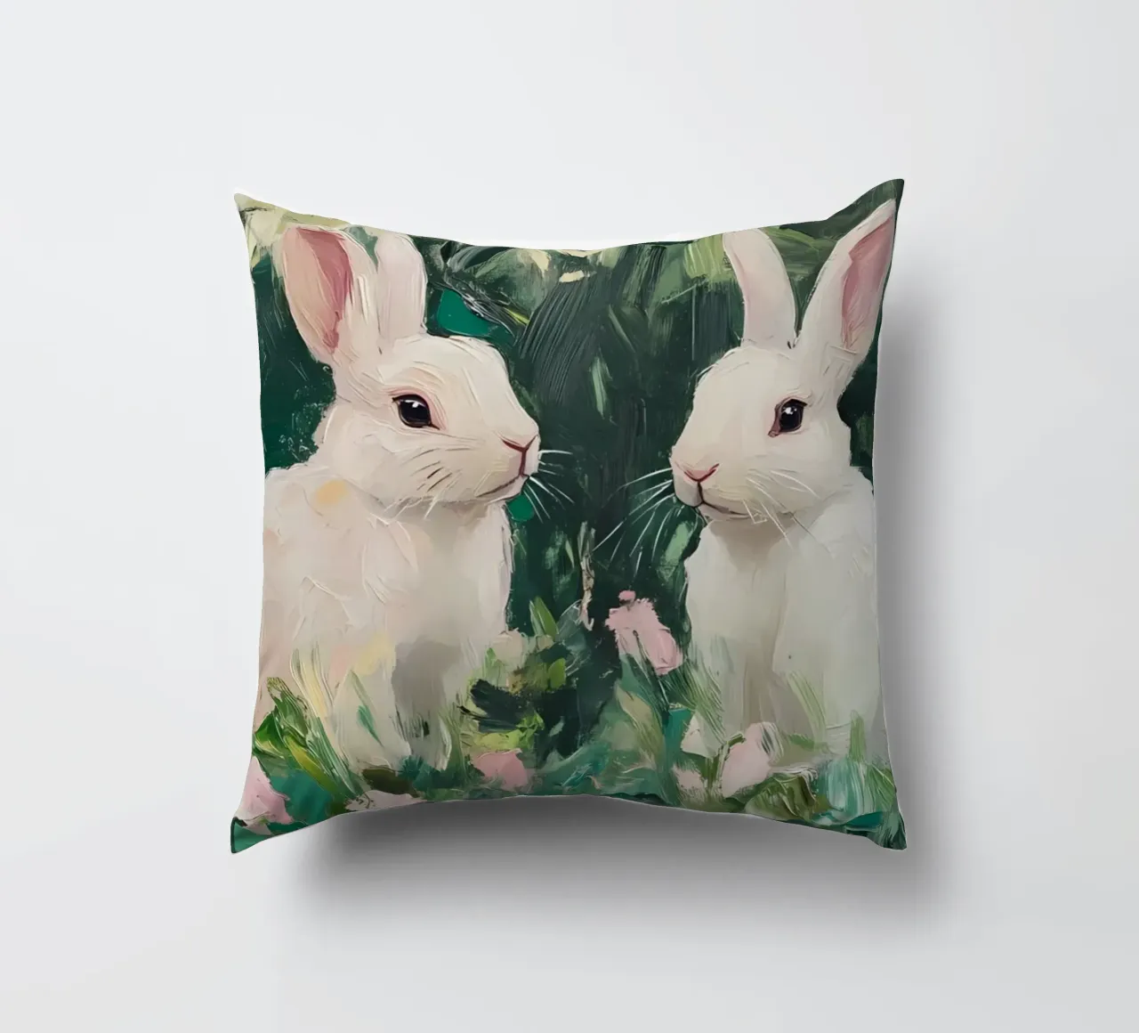 Coniglietti bianchi stravaganti - Foresta floreale impressionista cuscino da ClubArt
